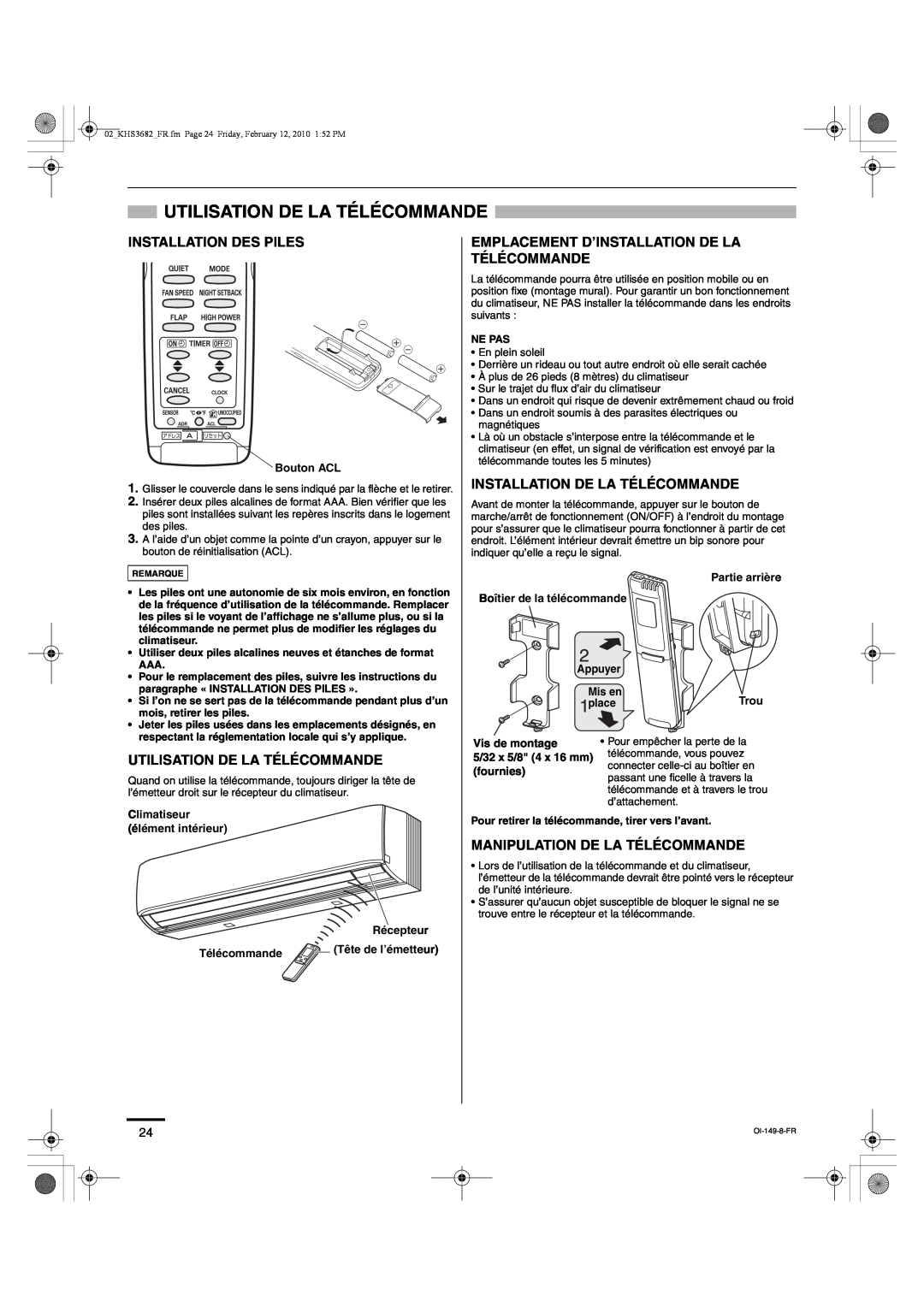 Sanyo KHS3682 Utilisation De La Télécommande, Installation Des Piles, Emplacement D’Installation De La Télécommande 