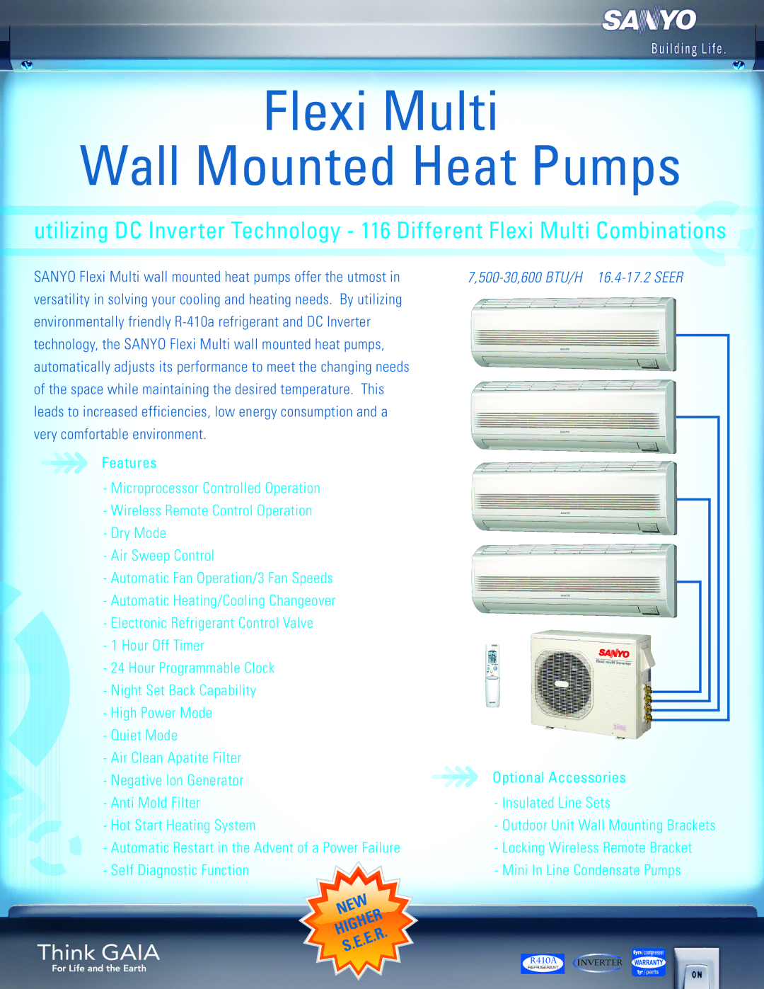 Sanyo KMHS0972 manual Flexi Multi Wall Mounted Heat Pumps, New, 500-30,600 BTU/H 16.4-17.2 Seer 