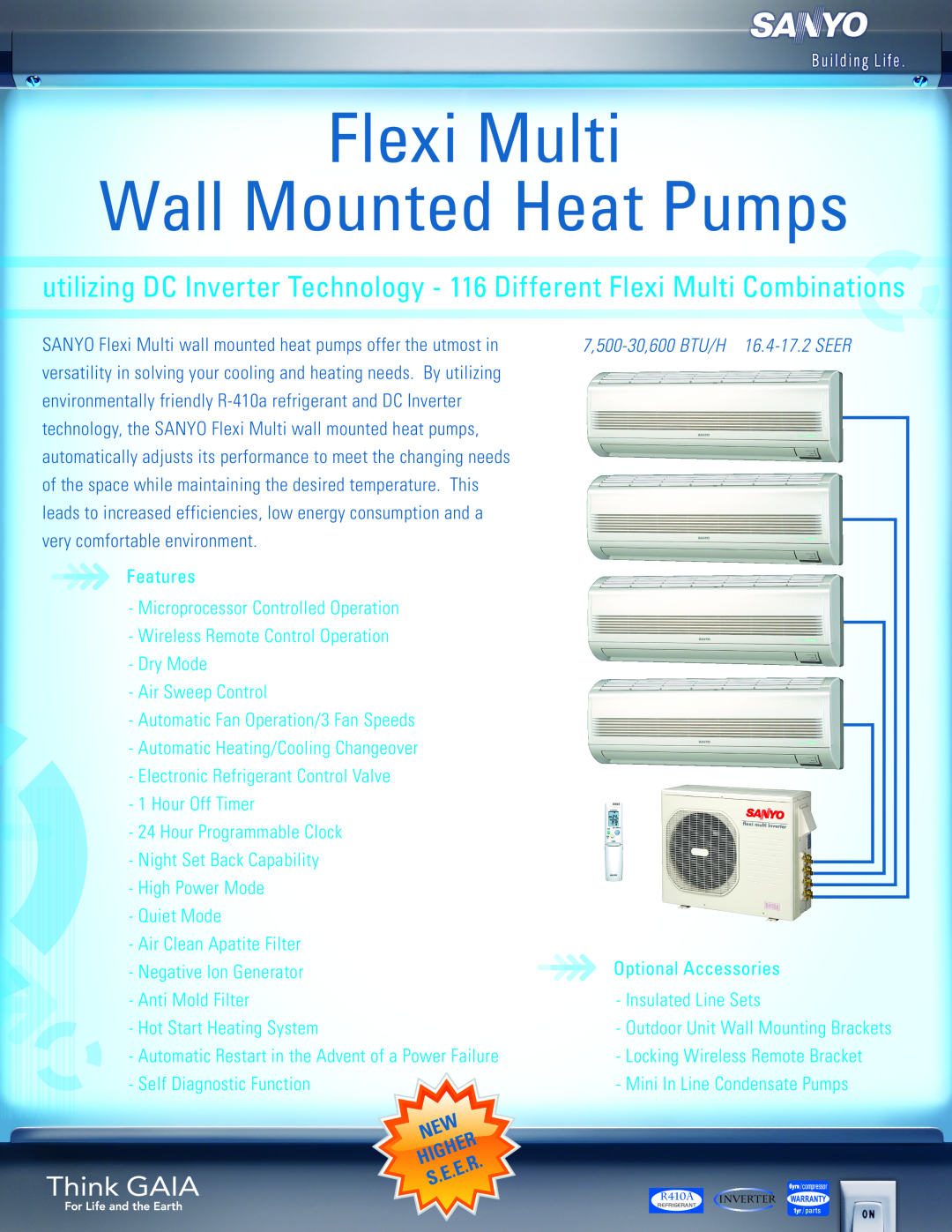 Sanyo KMHS0972 manual Flexi Multi Wall Mounted Heat Pumps, 7,500-30,600BTU/H 16.4-17.2SEER 
