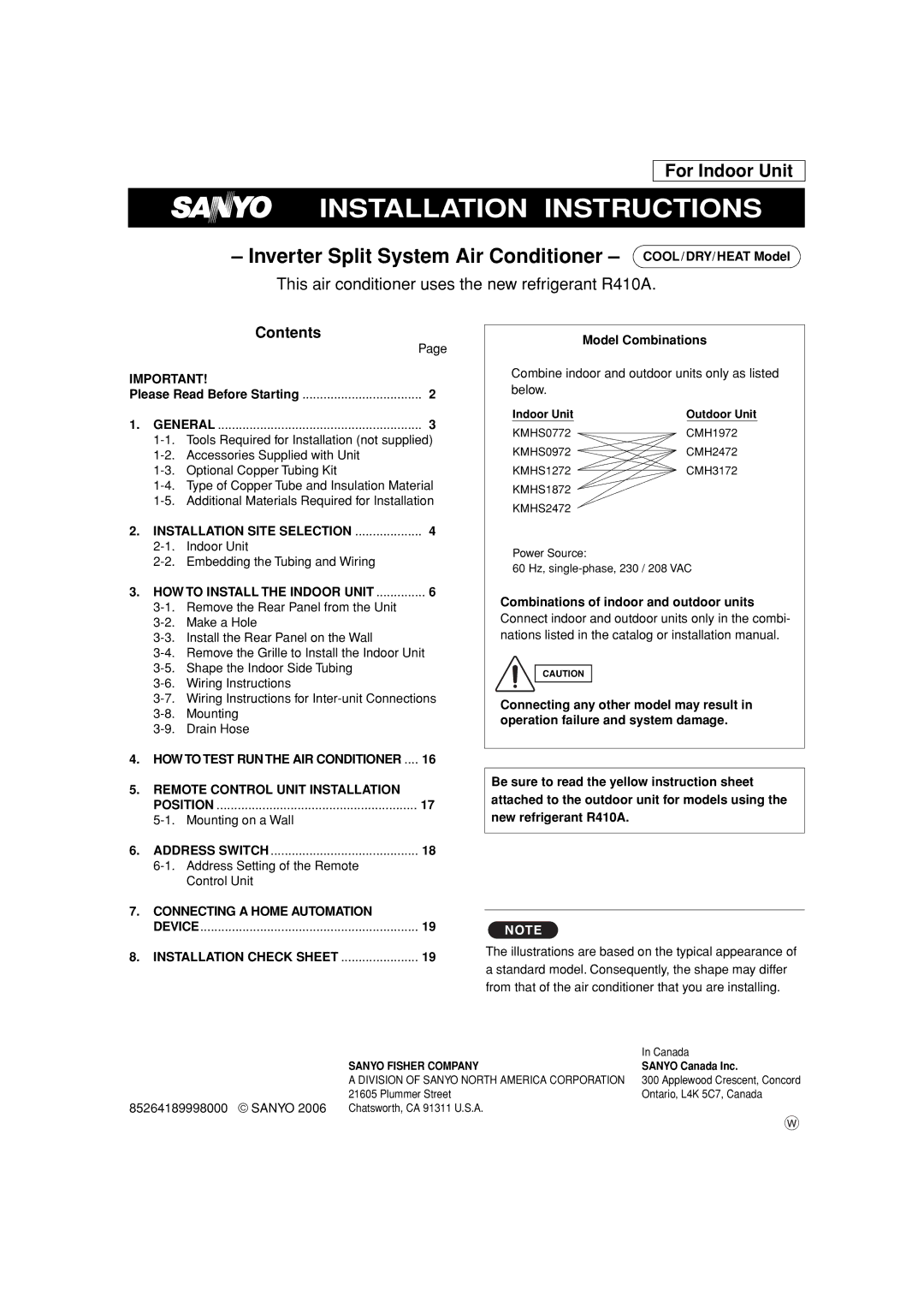 Sanyo KMHS1872, KMHS2472, KMHS1272 installation instructions Installation Instructions, Contents 