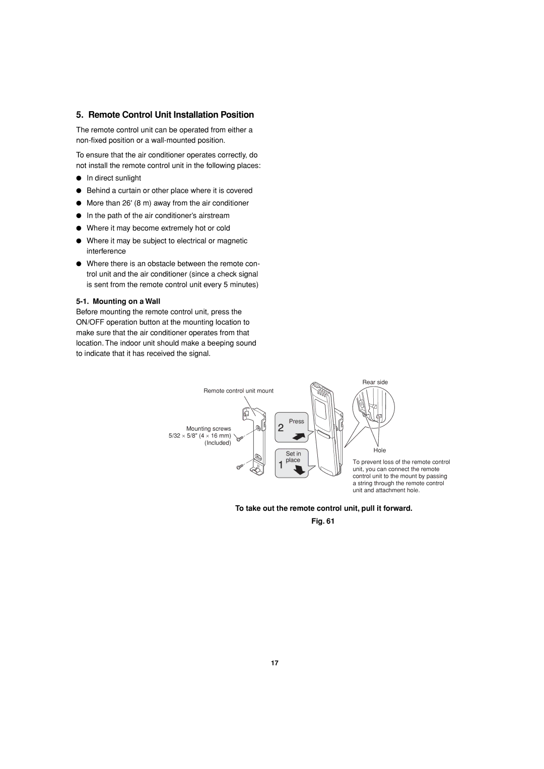 Sanyo KMHS1272, KMHS2472, KMHS1872 installation instructions Remote Control Unit Installation Position, Mounting on a Wall 