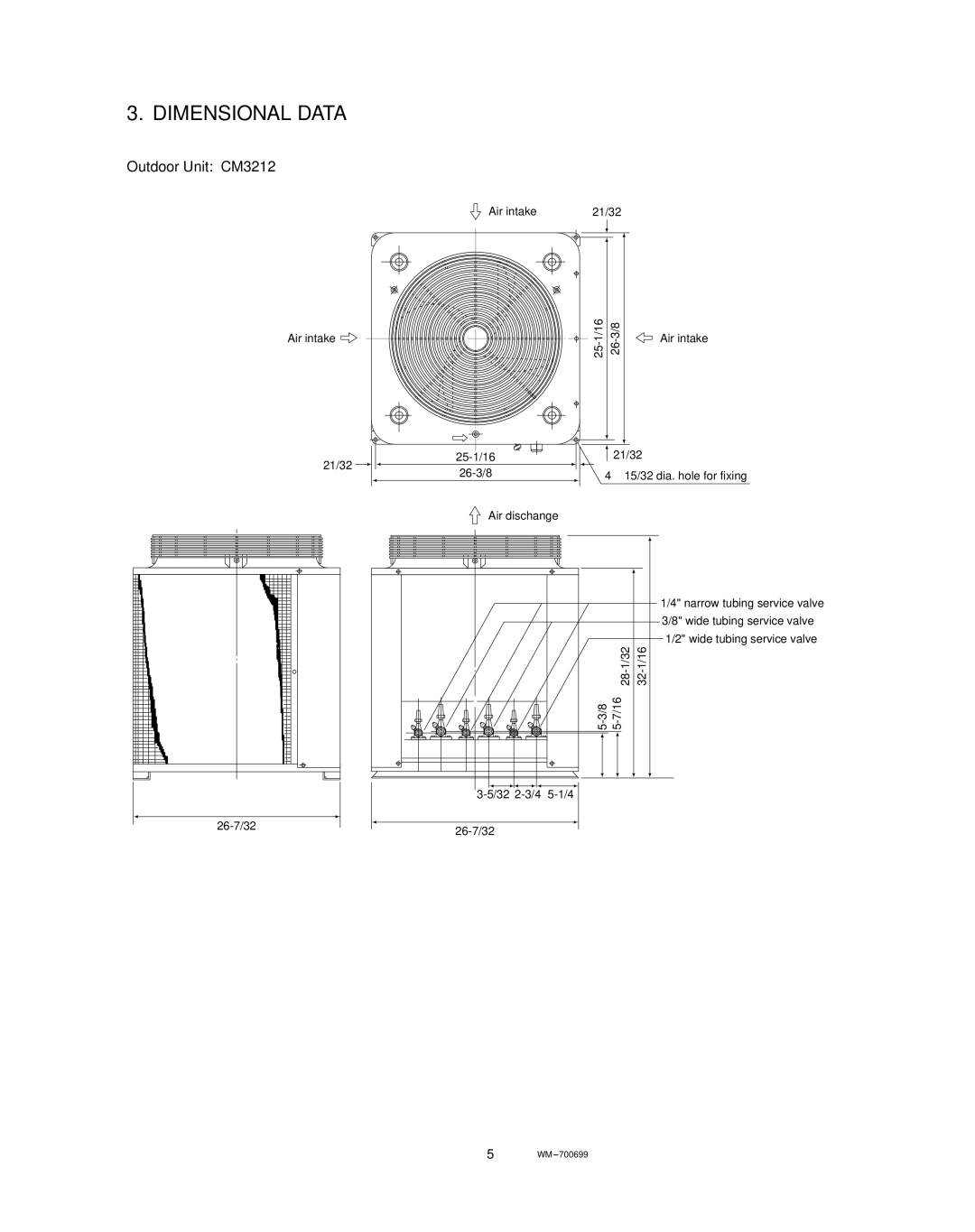 Sanyo KMS0712, KMS1812 service manual Dimensional Data, Outdoor Unit CM3212 