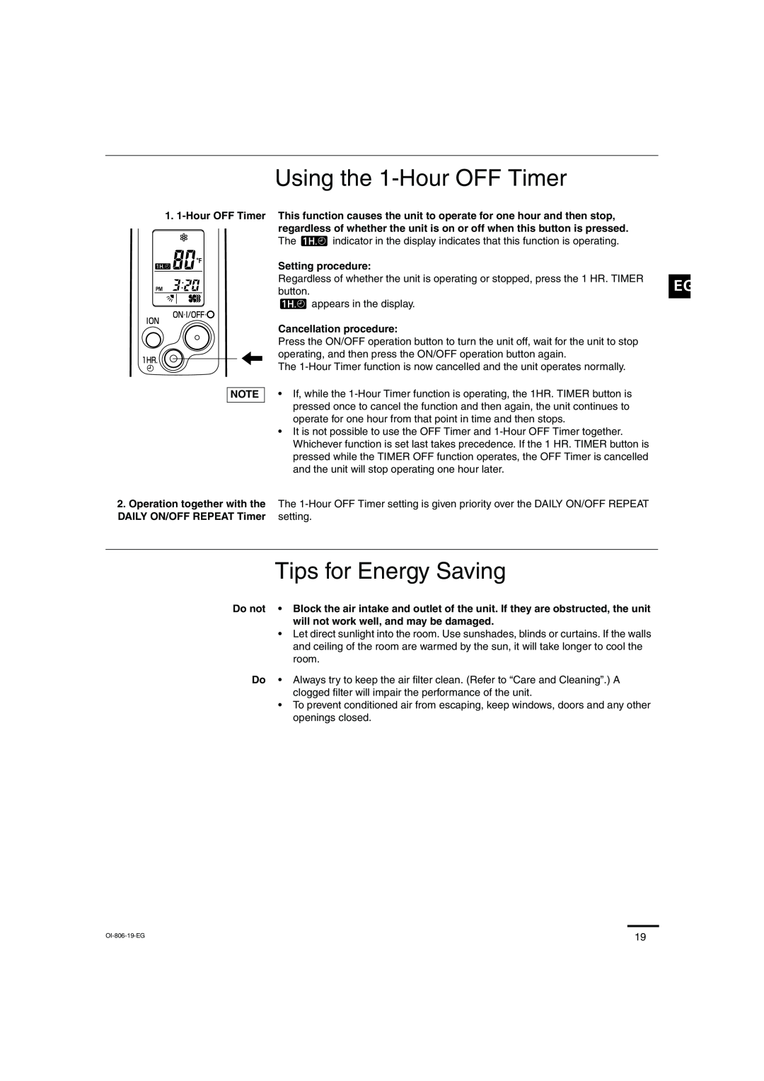 Sanyo KMS1272, KMS0972 instruction manual Using the 1-HourOFF Timer, Tips for Energy Saving 