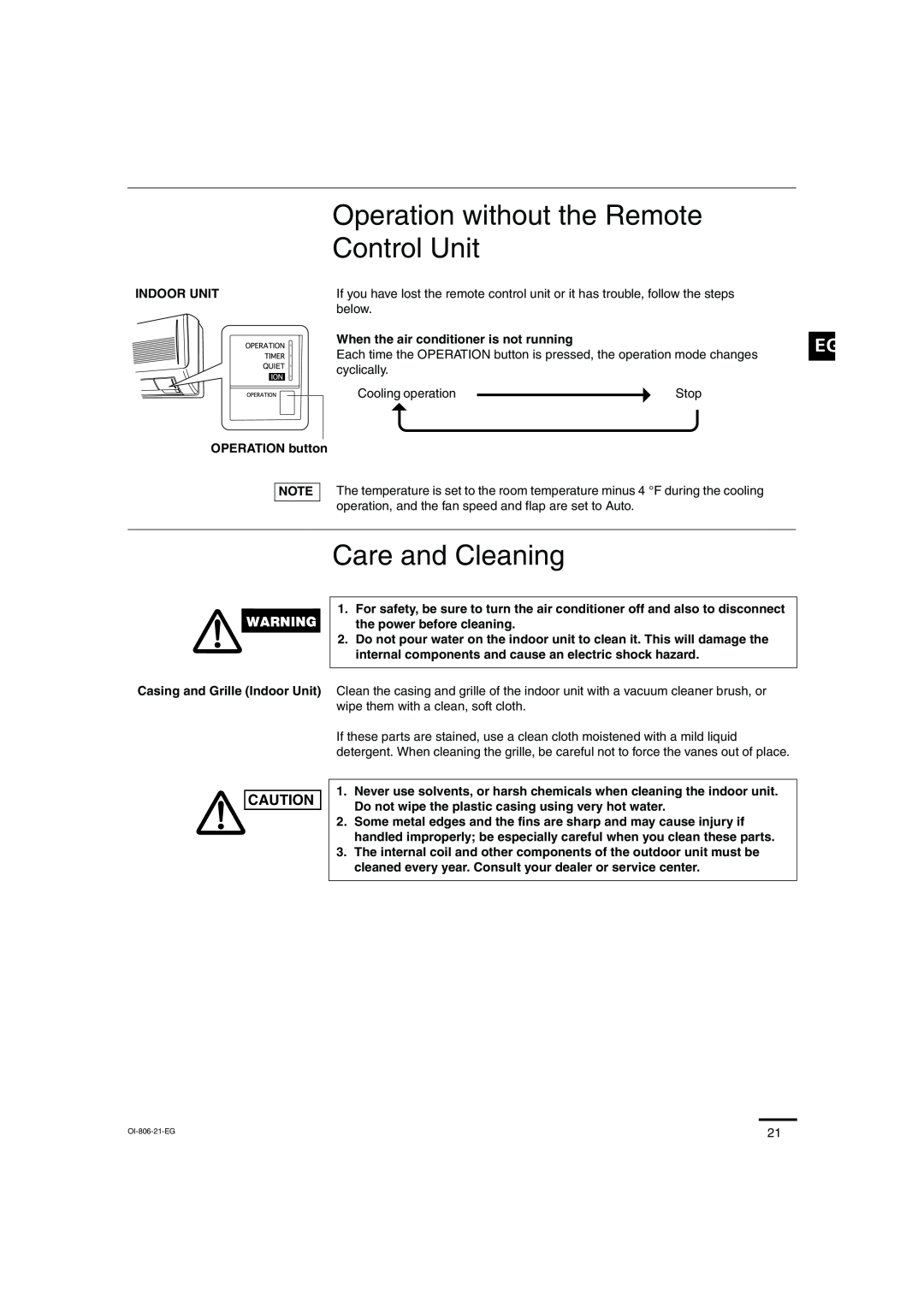 Sanyo KMS1272, KMS0972 instruction manual Operation without the Remote, Control Unit, Care and Cleaning 