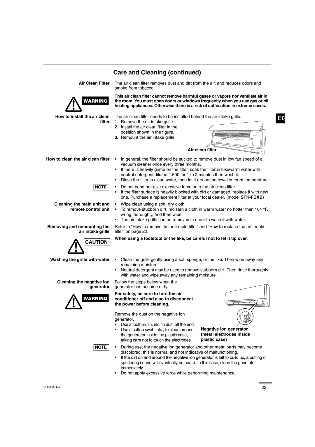 Sanyo KMS1272, KMS0972 instruction manual Care and Cleaning continued, Air Clean Filter 