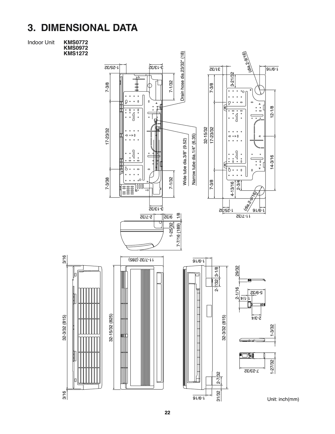 Sanyo KMS2472, KMS1872 service manual Dimensional Data, KMS0972 KMS1272 