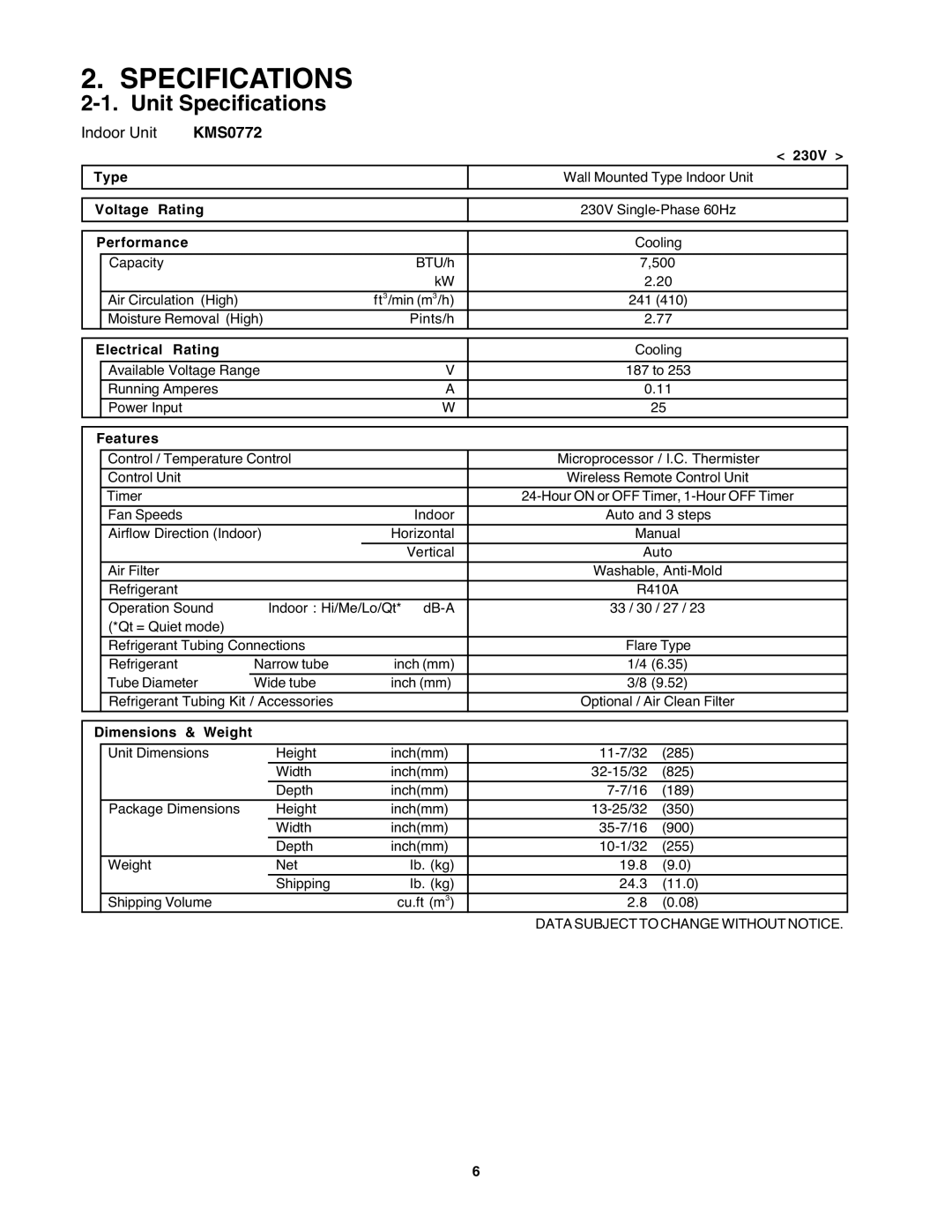 Sanyo KMS2472, KMS1872 service manual Unit Speciﬁcations, KMS0772 