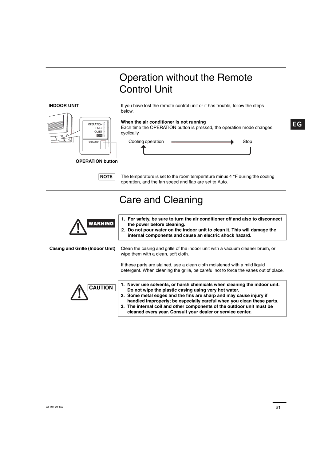 Sanyo KMS1872 Operation without the Remote, Control Unit, Care and Cleaning, When the air conditioner is not running 