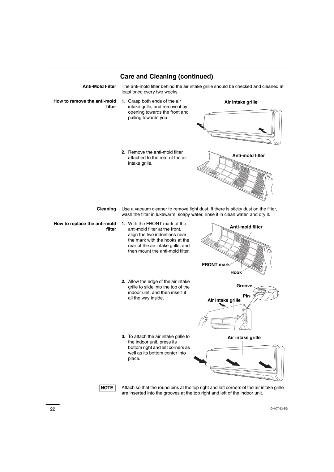 Sanyo KMS2472, KMS1872 service manual Care and Cleaning, How to remove the anti-mold filter, Air intake grille 