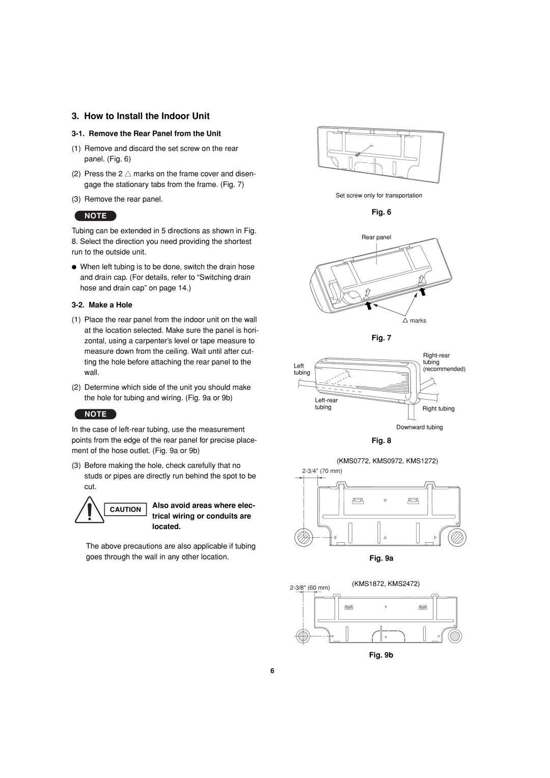 Sanyo KMS1872, KMS2472 service manual How to Install the Indoor Unit, Remove the Rear Panel from the Unit, Make a Hole 