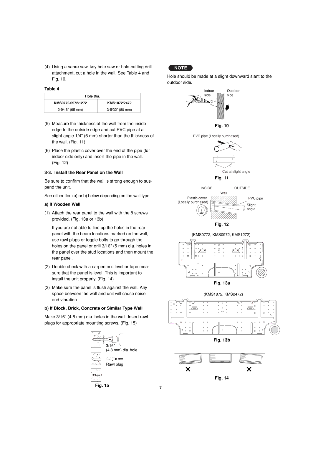 Sanyo KMS2472, KMS1872 Install the Rear Panel on the Wall, If Wooden Wall, If Block, Brick, Concrete or Similar Type Wall 