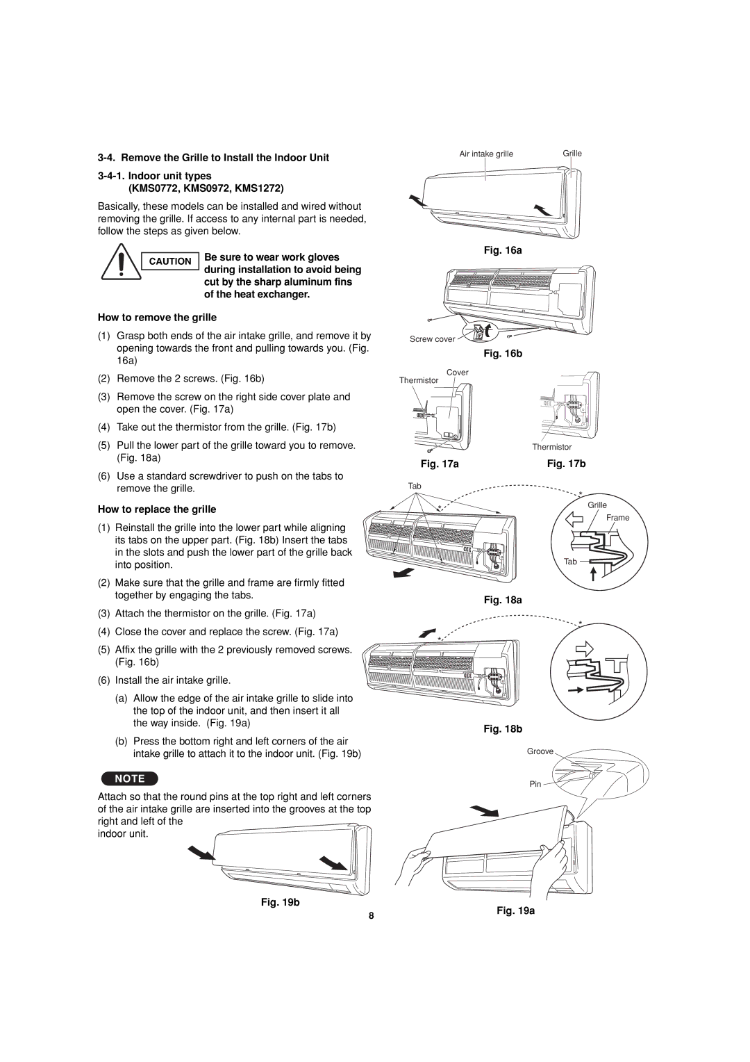 Sanyo KMS1872 Be sure to wear work gloves, Cut by the sharp aluminum fins, Heat exchanger, How to remove the grille 