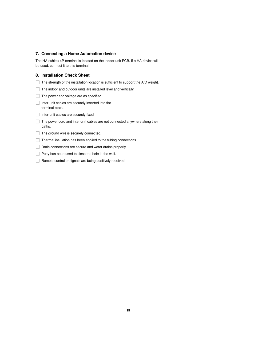 Sanyo KMS2472, KMS1872 service manual Connecting a Home Automation device, Installation Check Sheet 