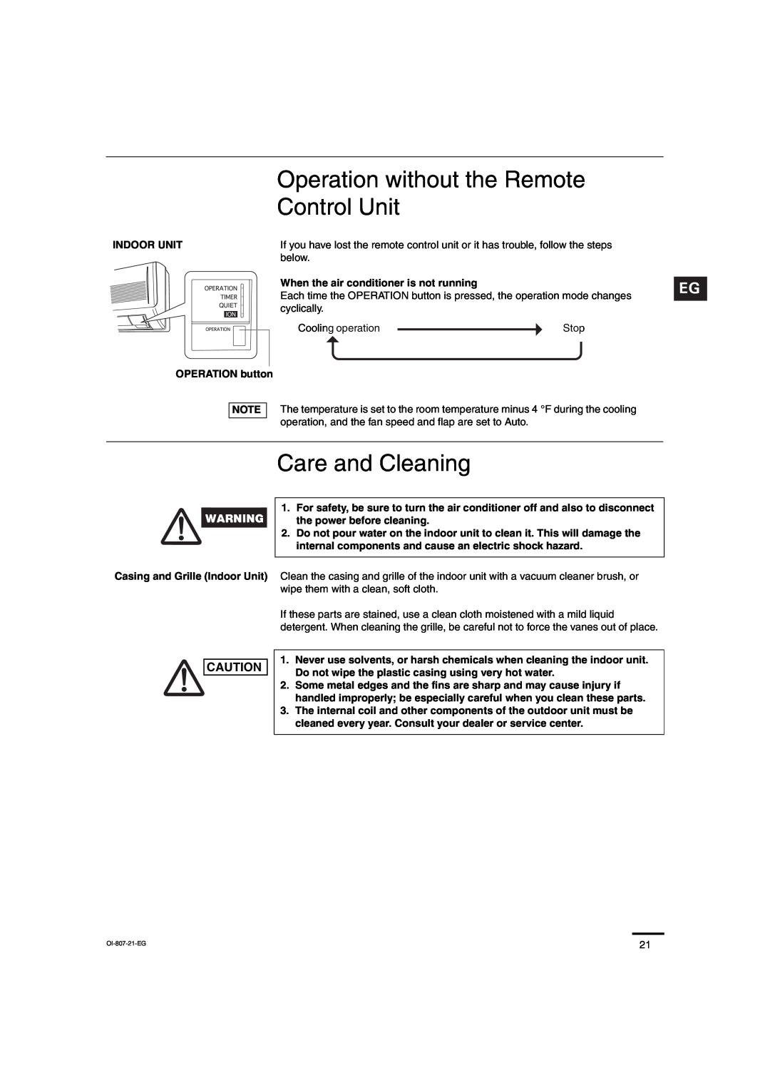Sanyo KMS1872, KMS2472 service manual Operation without the Remote, Control Unit, Care and Cleaning 
