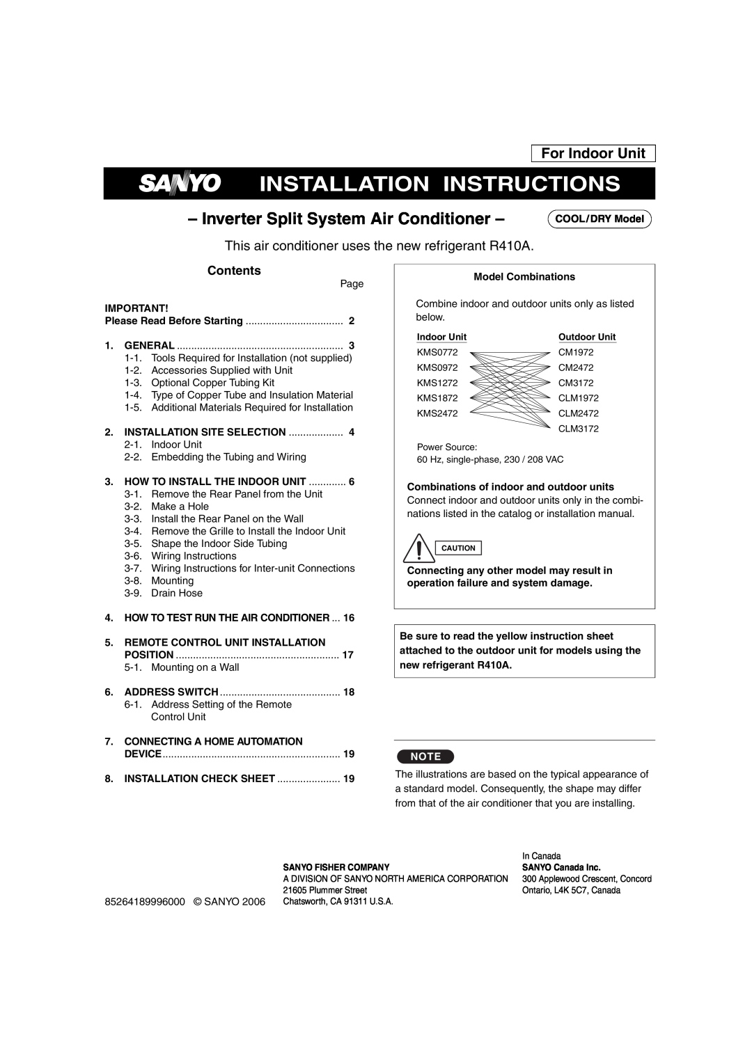 Sanyo KMS2472, KMS1872 For Indoor Unit, Contents, Installation Instructions, Inverter Split System Air Conditioner 
