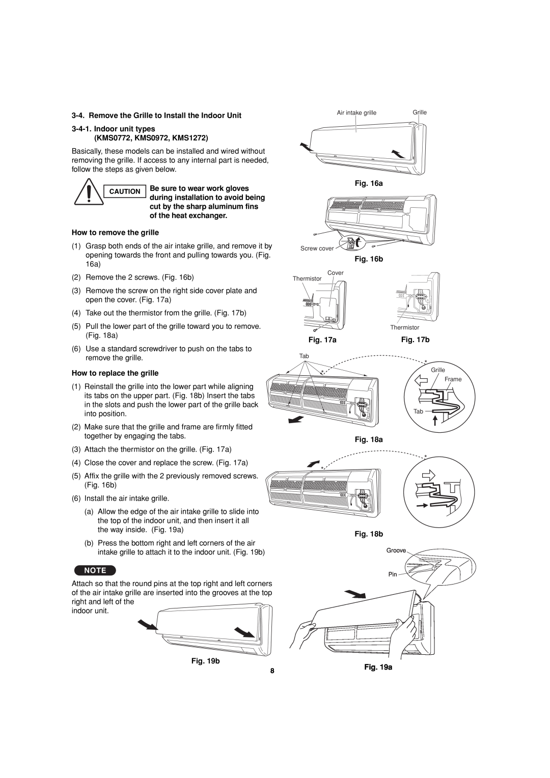 Sanyo KMS1872, KMS2472 service manual Remove the Grille to Install the Indoor Unit 