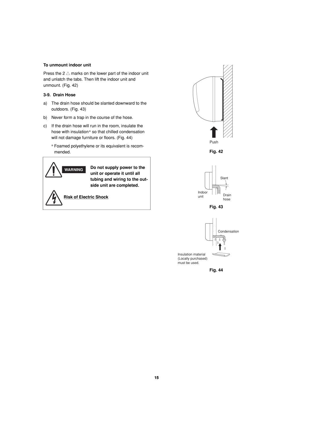 Sanyo KMS2472, KMS1872 service manual To unmount indoor unit, Drain Hose, Risk of Electric Shock 