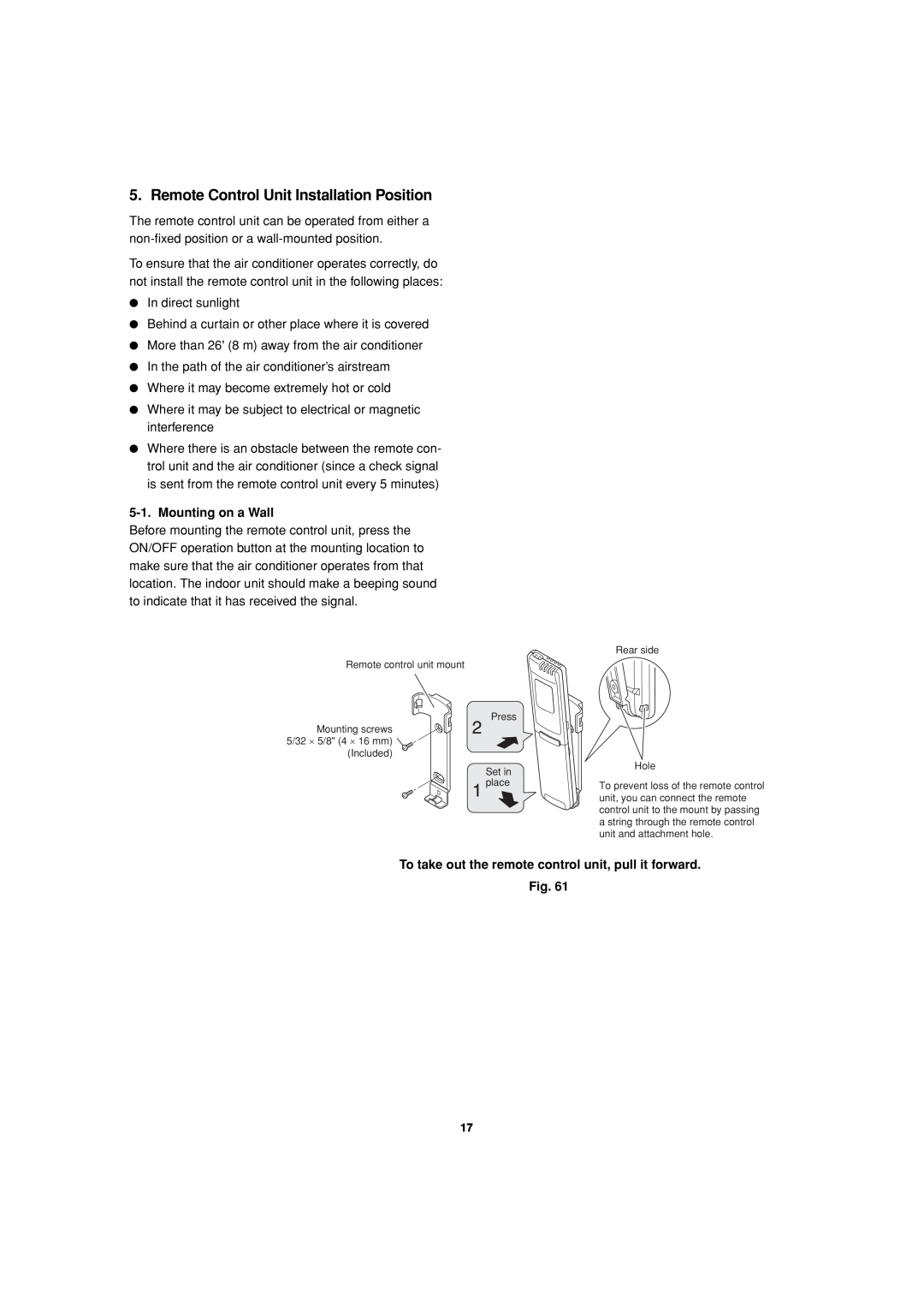 Sanyo KMS2472, KMS1872 service manual Remote Control Unit Installation Position, Mounting on a Wall 