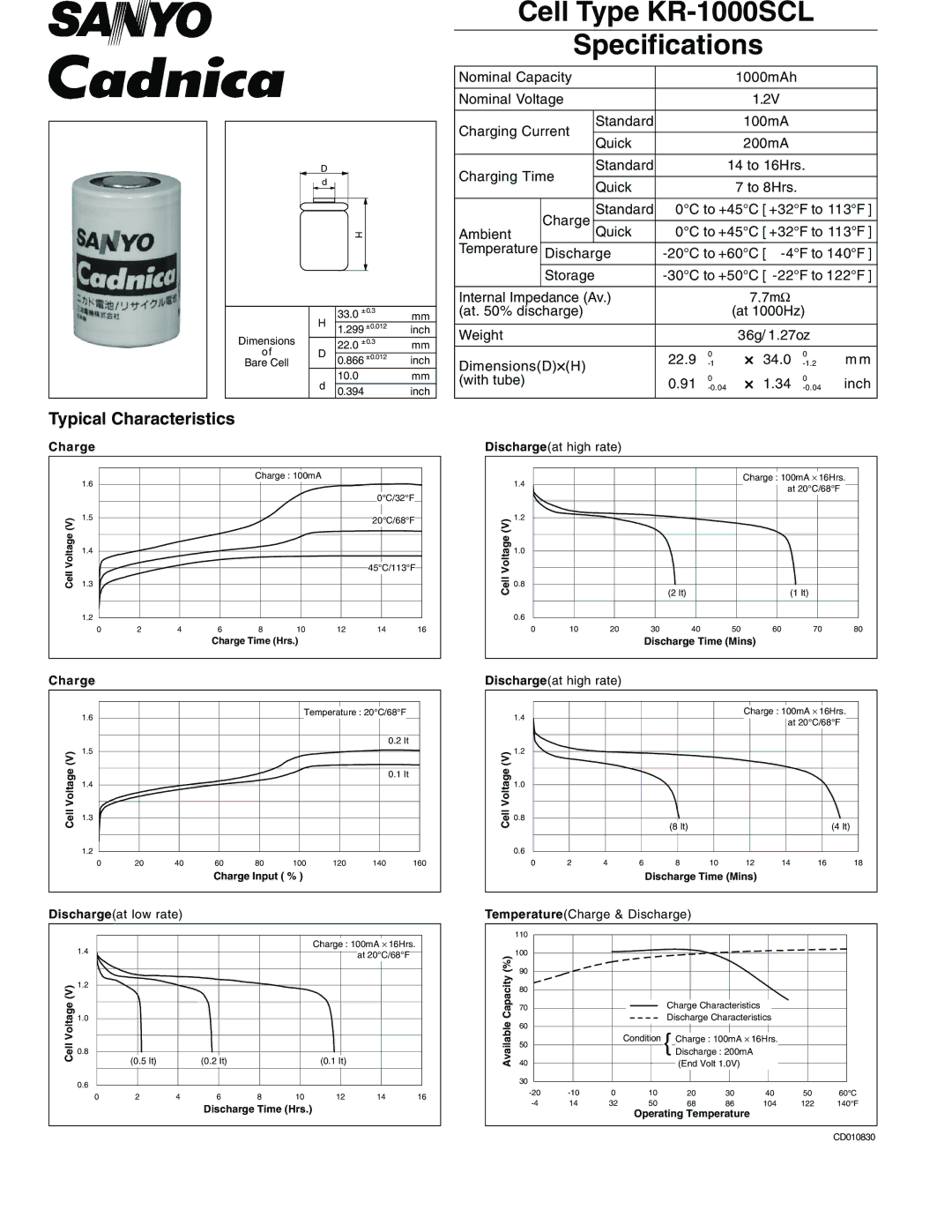 Sanyo specifications Cell Type KR-1000SCL Specifications, Typical Characteristics 