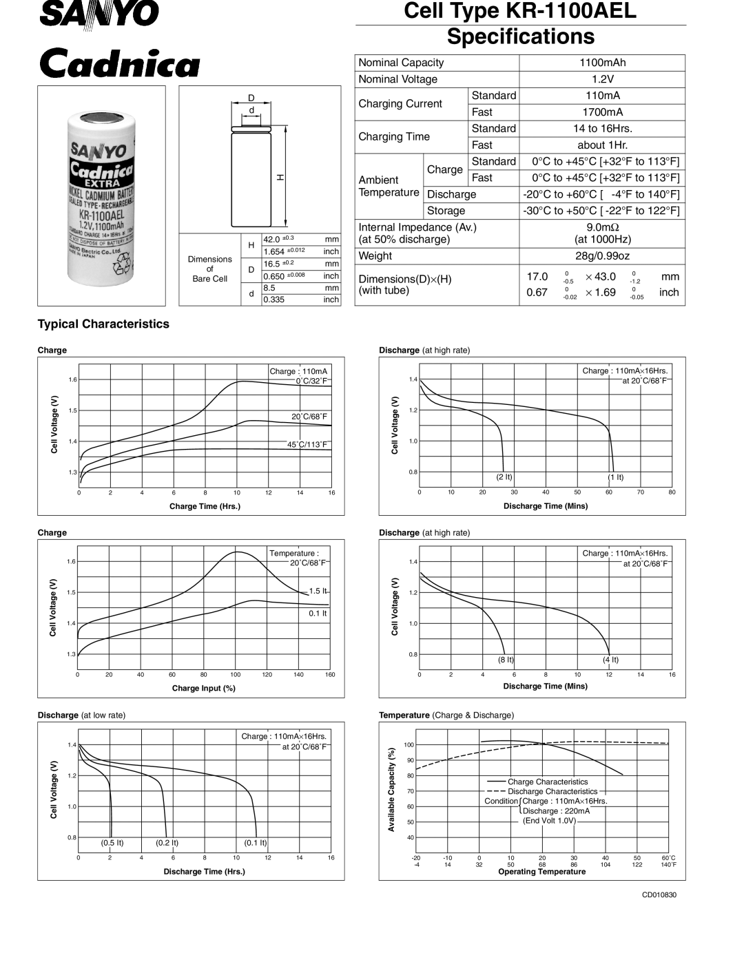 Sanyo specifications Cell Type KR-1100AEL Specifications 