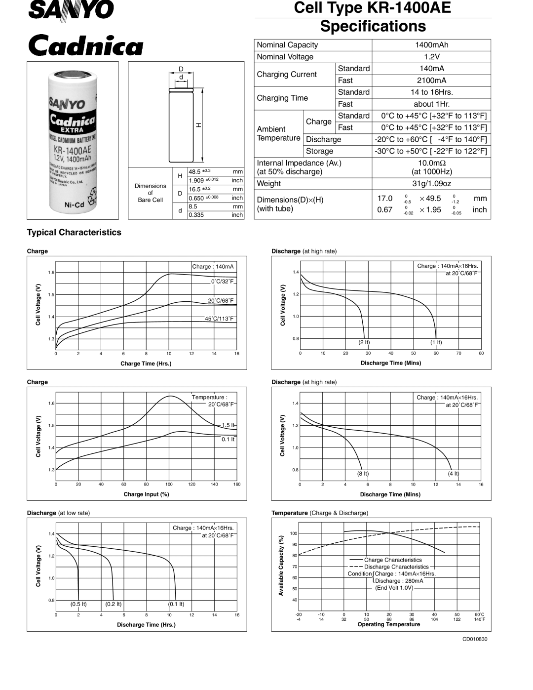 Sanyo specifications Cell Type KR-1400AE Specifications, Fast, At 50% discharge At 1000Hz Weight 