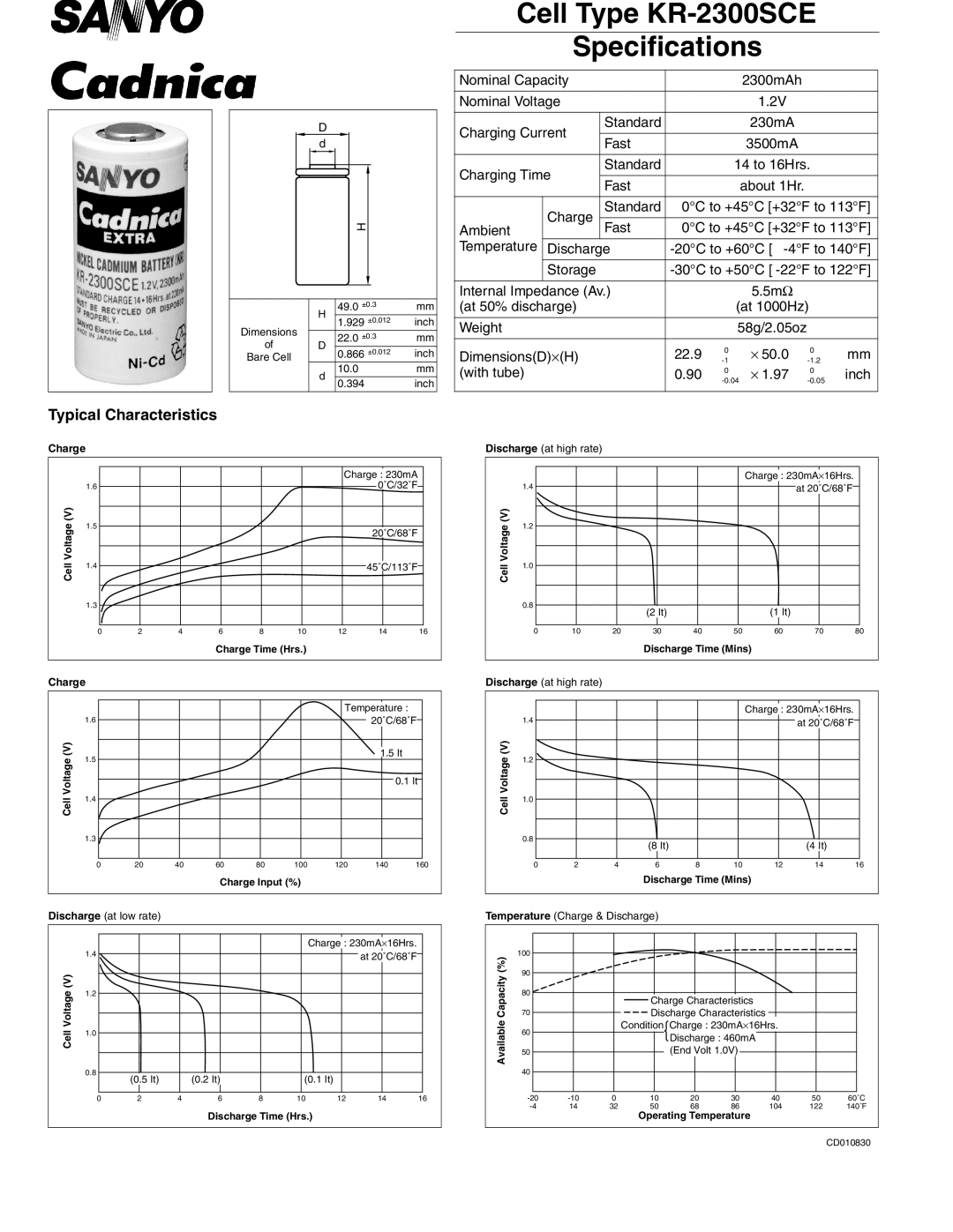 Sanyo specifications Cell Type KR-2300SCE Specifications, Fast, At 50% discharge At 1000Hz Weight 