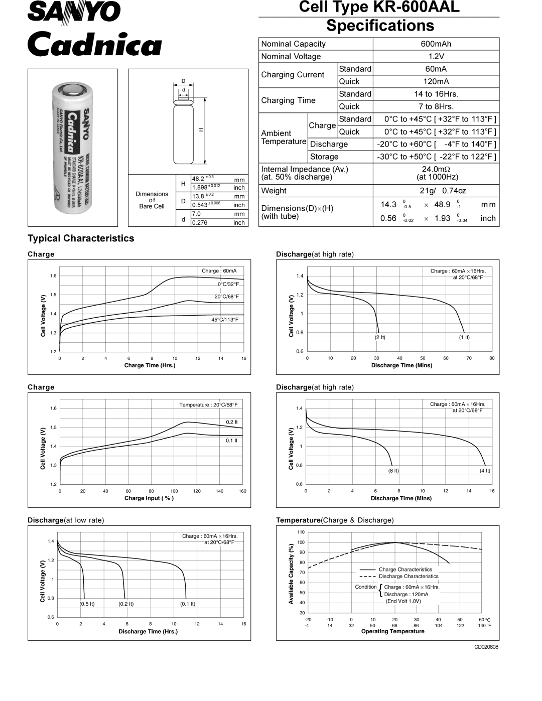 Sanyo specifications Cell Type KR-600AAL Specifications, Typical Characteristics, With tube, Inch 