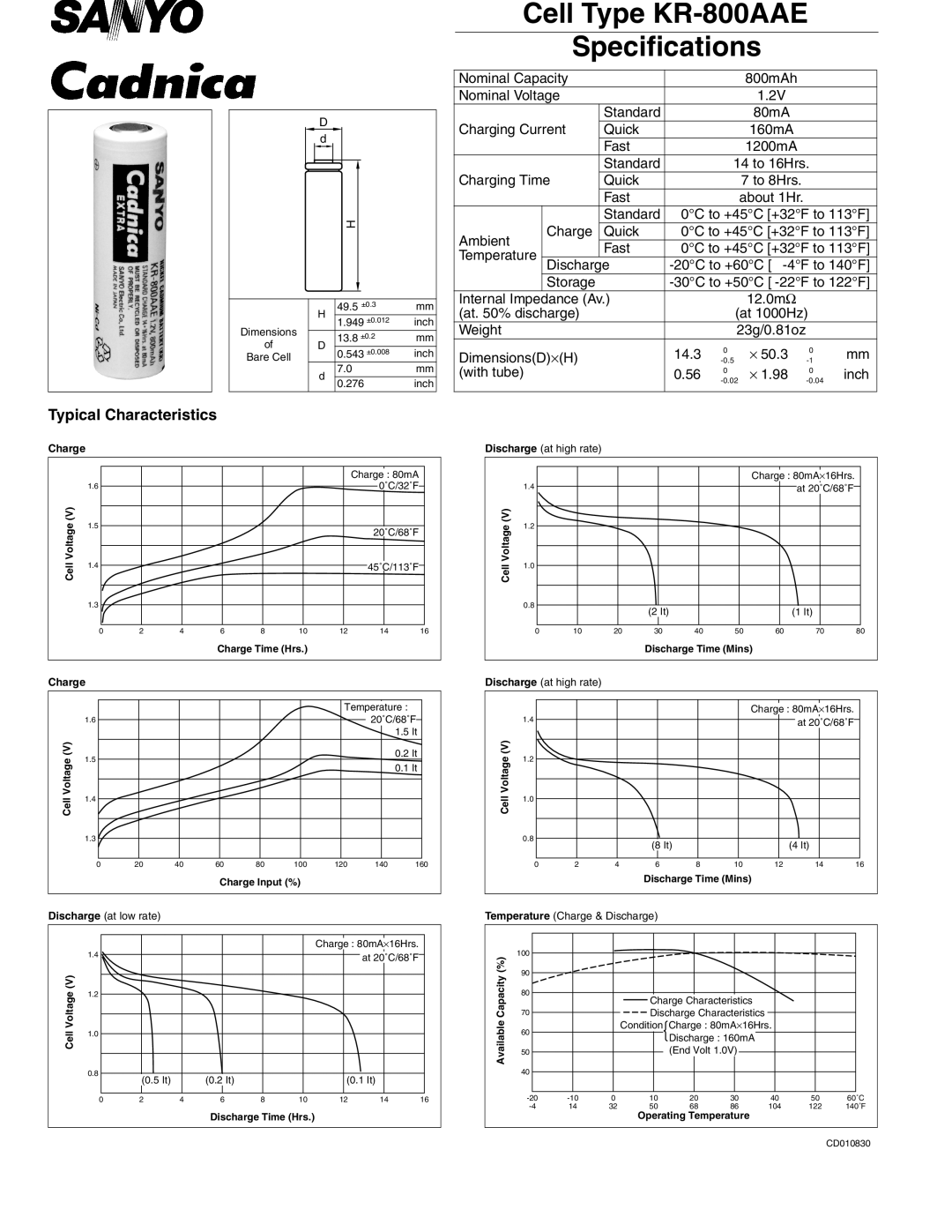 Sanyo specifications Cell Type KR-800AAE Specifications 