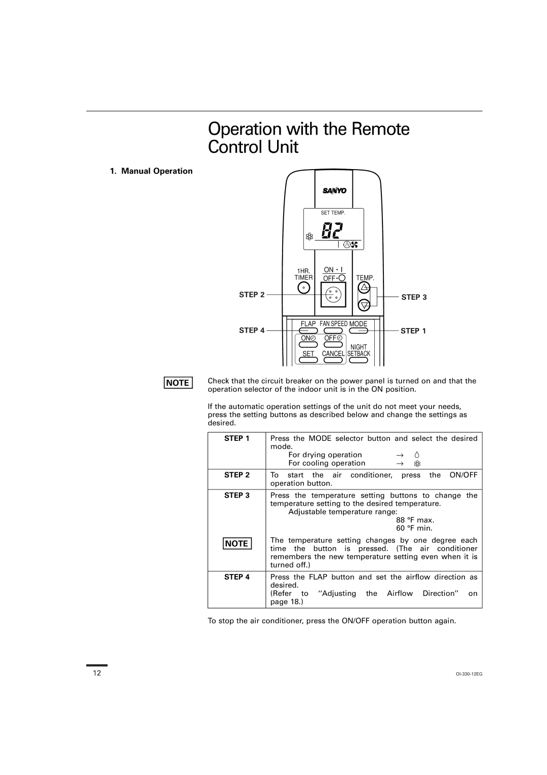 Sanyo KS0951, KS1251, KS1852 instruction manual Operation with the Remote Control Unit, Manual Operation, Step 