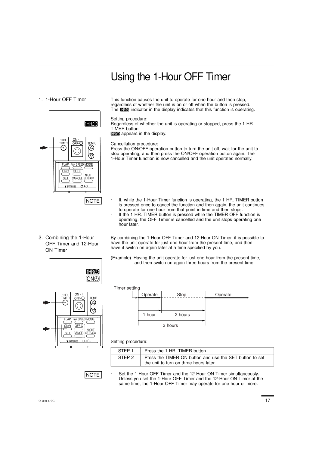 Sanyo KS1852, KS0951, KS1251 Using the 1-Hour OFF Timer, Combining the 1-Hour OFF Timer and 12-Hour on Timer 