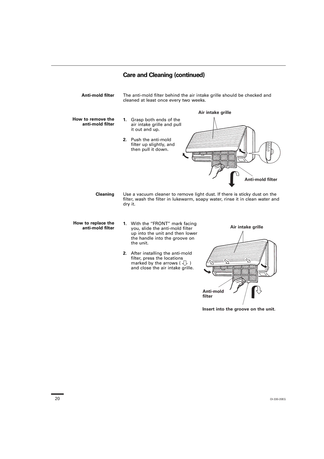 Sanyo KS1852, KS0951, KS1251 Care and Cleaning, Anti-mold filter How to remove the anti-mold filter, Air intake grille 