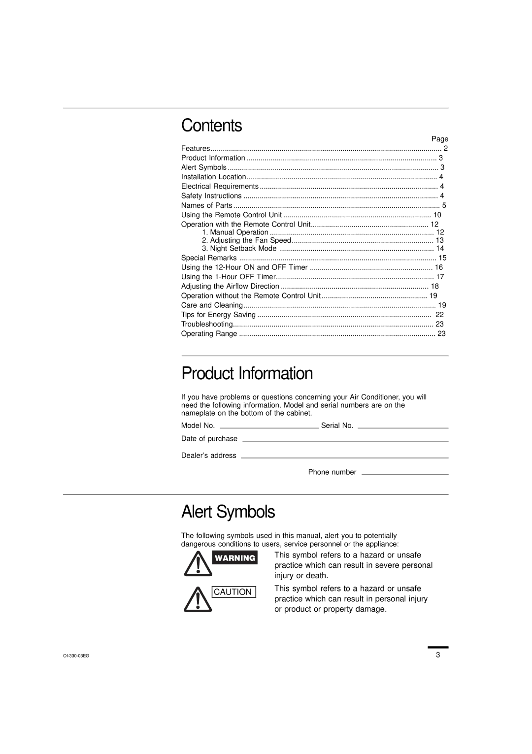 Sanyo KS0951, KS1251, KS1852 instruction manual Contents, Product Information, Alert Symbols 