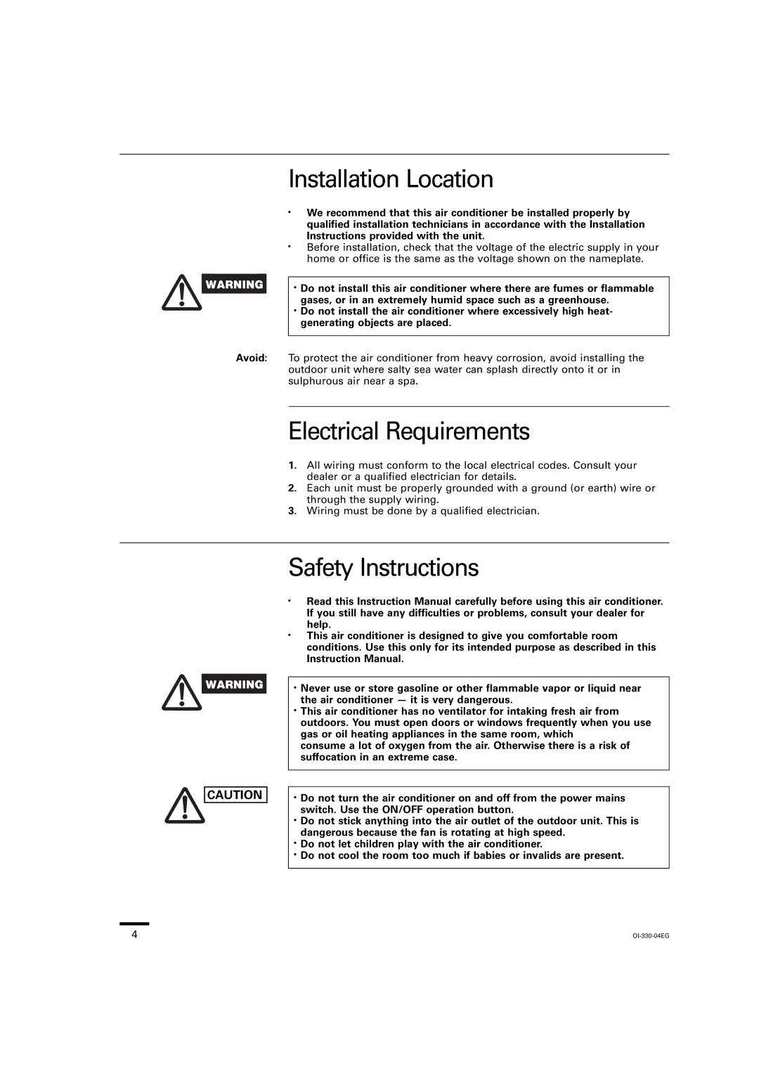 Sanyo KS1251, KS0951, KS1852 instruction manual Installation Location, Electrical Requirements, Safety Instructions 