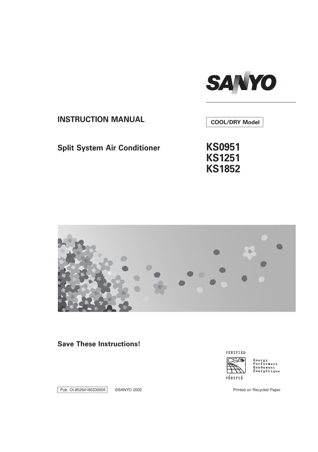 Sanyo instruction manual KS0951 KS1251 KS1852 