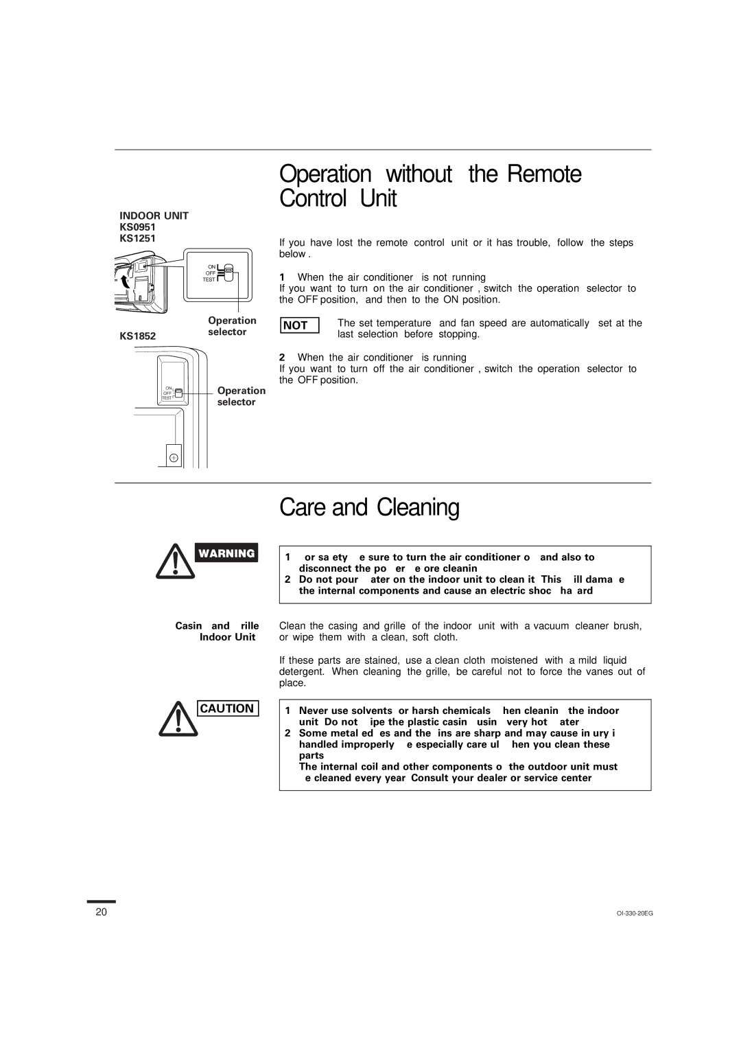 Sanyo KS0951 Operation without the Remote Control Unit, Care and Cleaning, KS1852 Selector, Casing and Grille Indoor Unit 