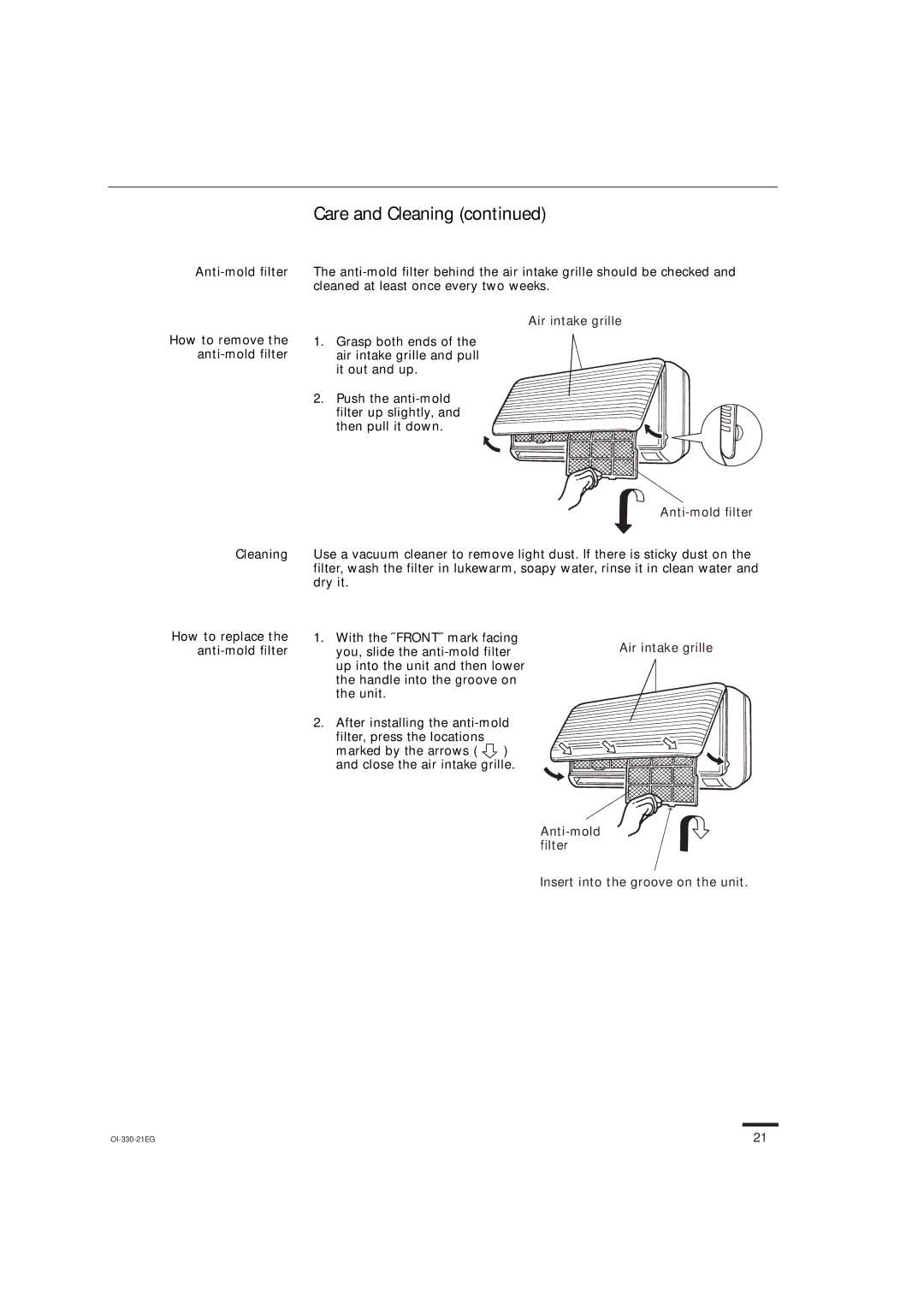 Sanyo KS1251, KS0951 Care and Cleaning, Anti-mold filter How to remove the anti-mold filter, Air intake grille 