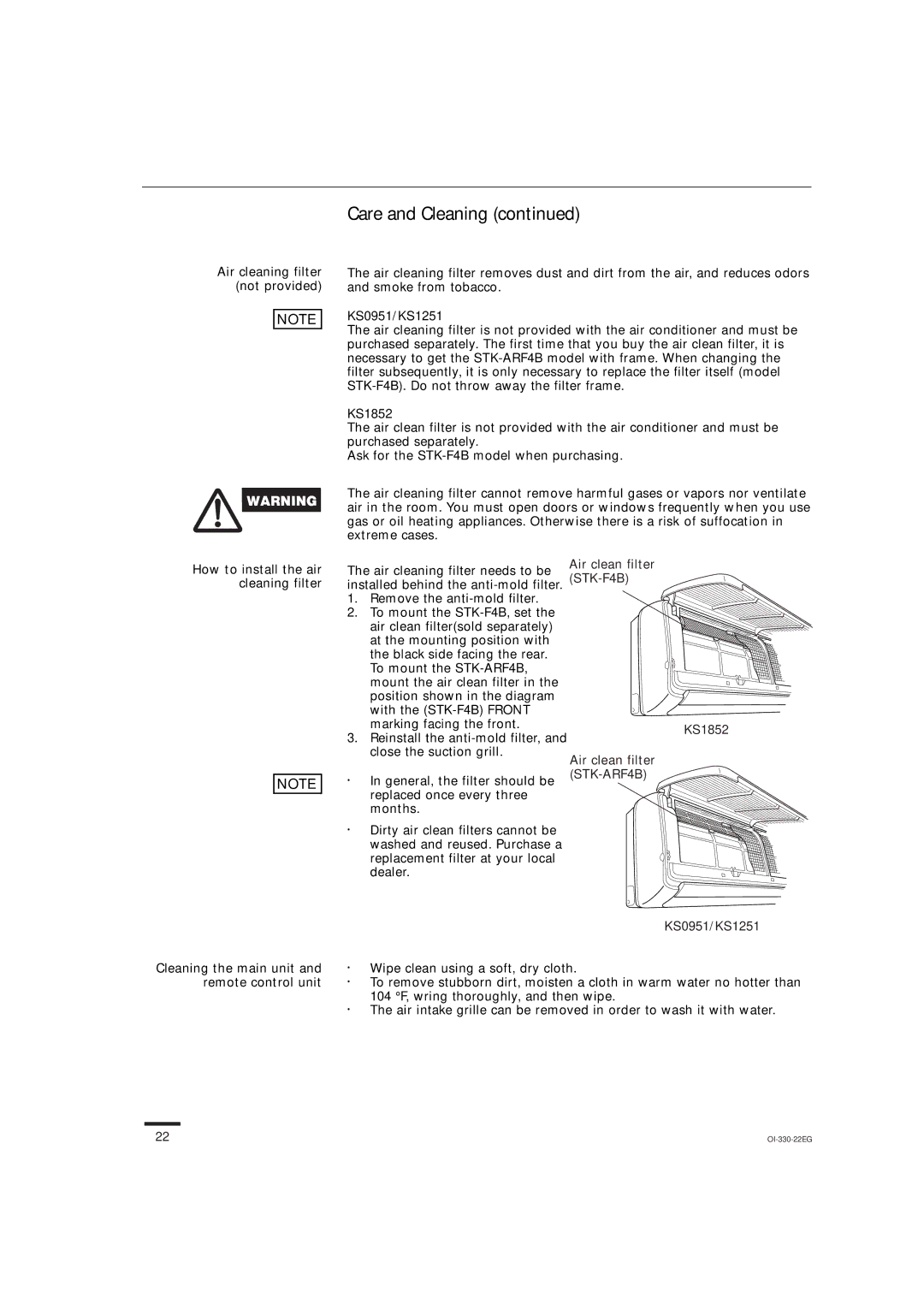 Sanyo instruction manual Air cleaning filter not provided, KS0951/KS1251 