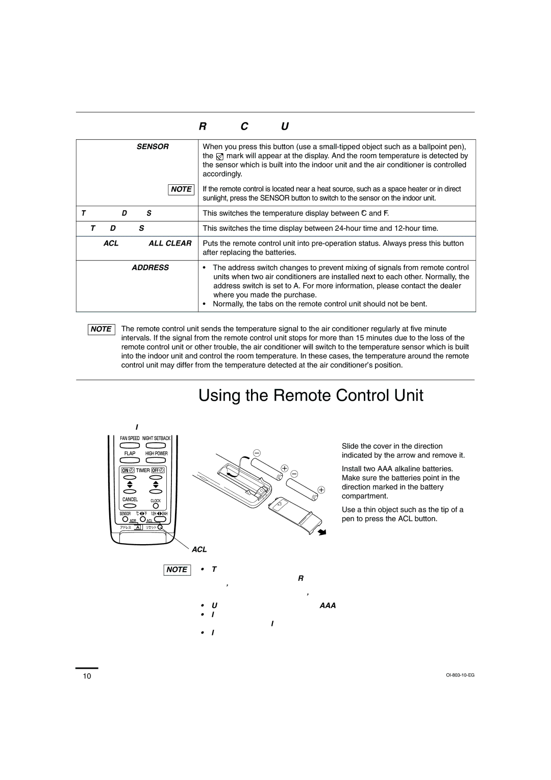 Sanyo KS1271 instruction manual Using the Remote Control Unit, ACL button ALL Clear, How to Install Batteries 