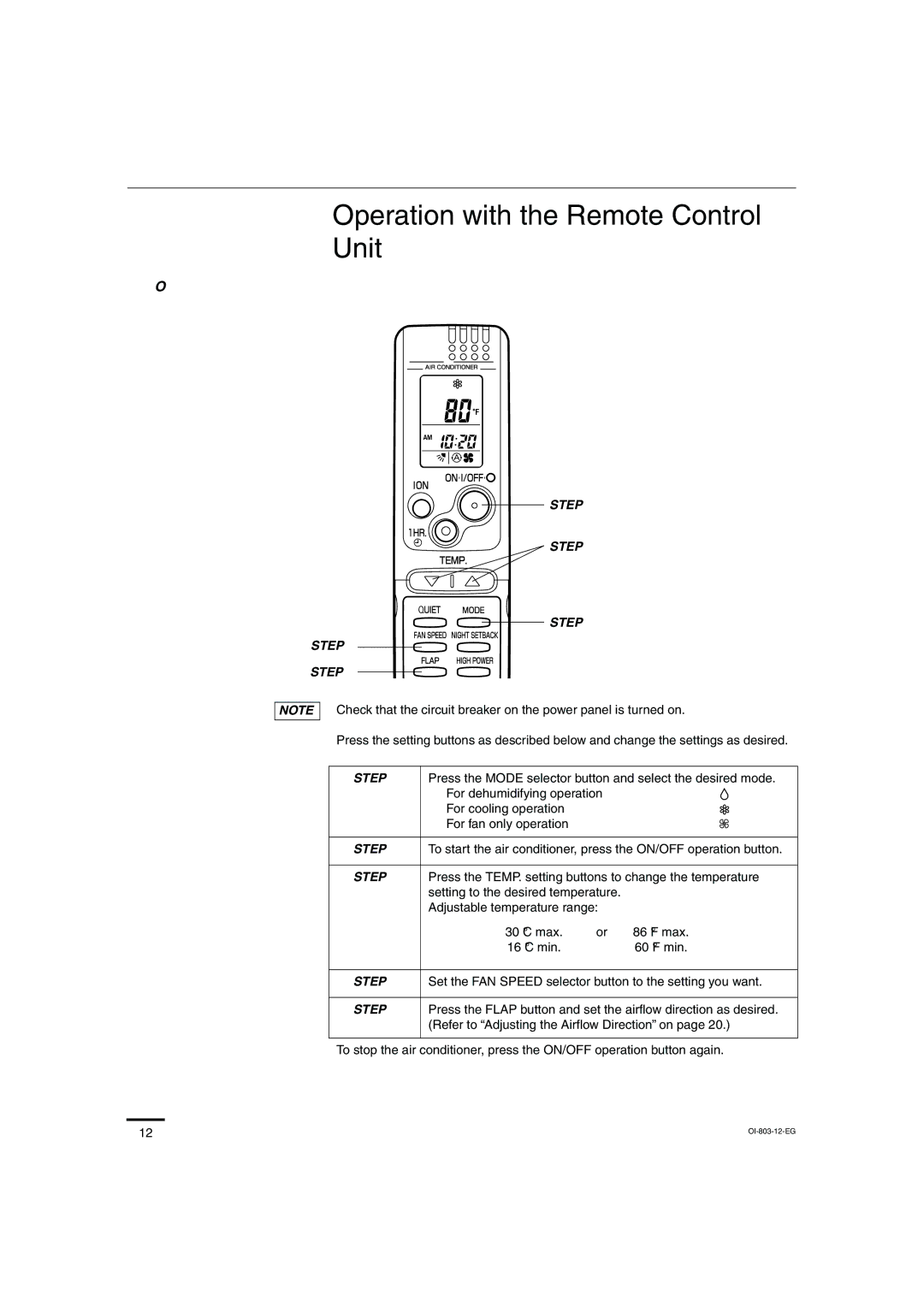 Sanyo KS1271 instruction manual Operation with the Remote Control Unit, Step 