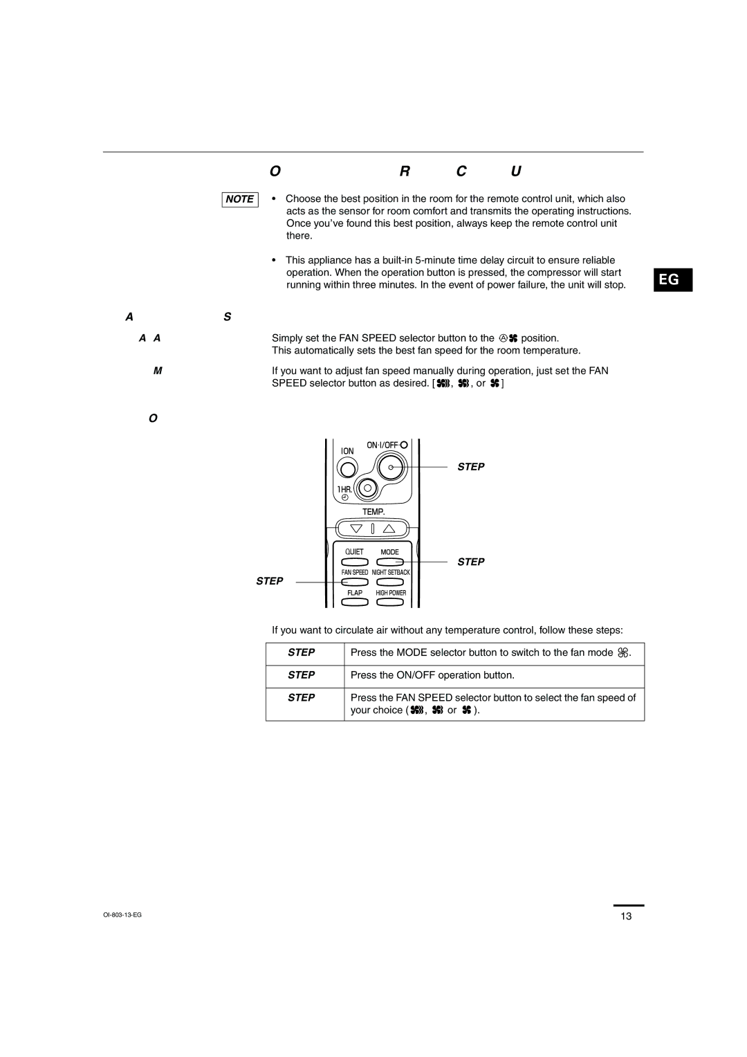 Sanyo KS1271 Operation with the Remote Control Unit, Adjusting the Fan Speed, Fan Only, Press the ON/OFF operation button 