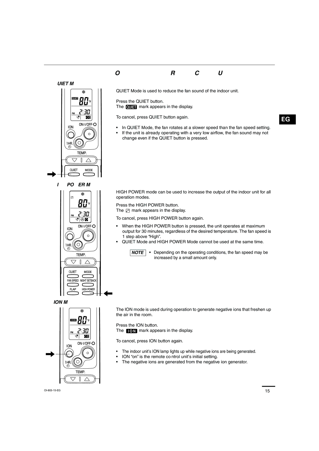 Sanyo KS1271 instruction manual Quiet Mode, High Power Mode, ION Mode 