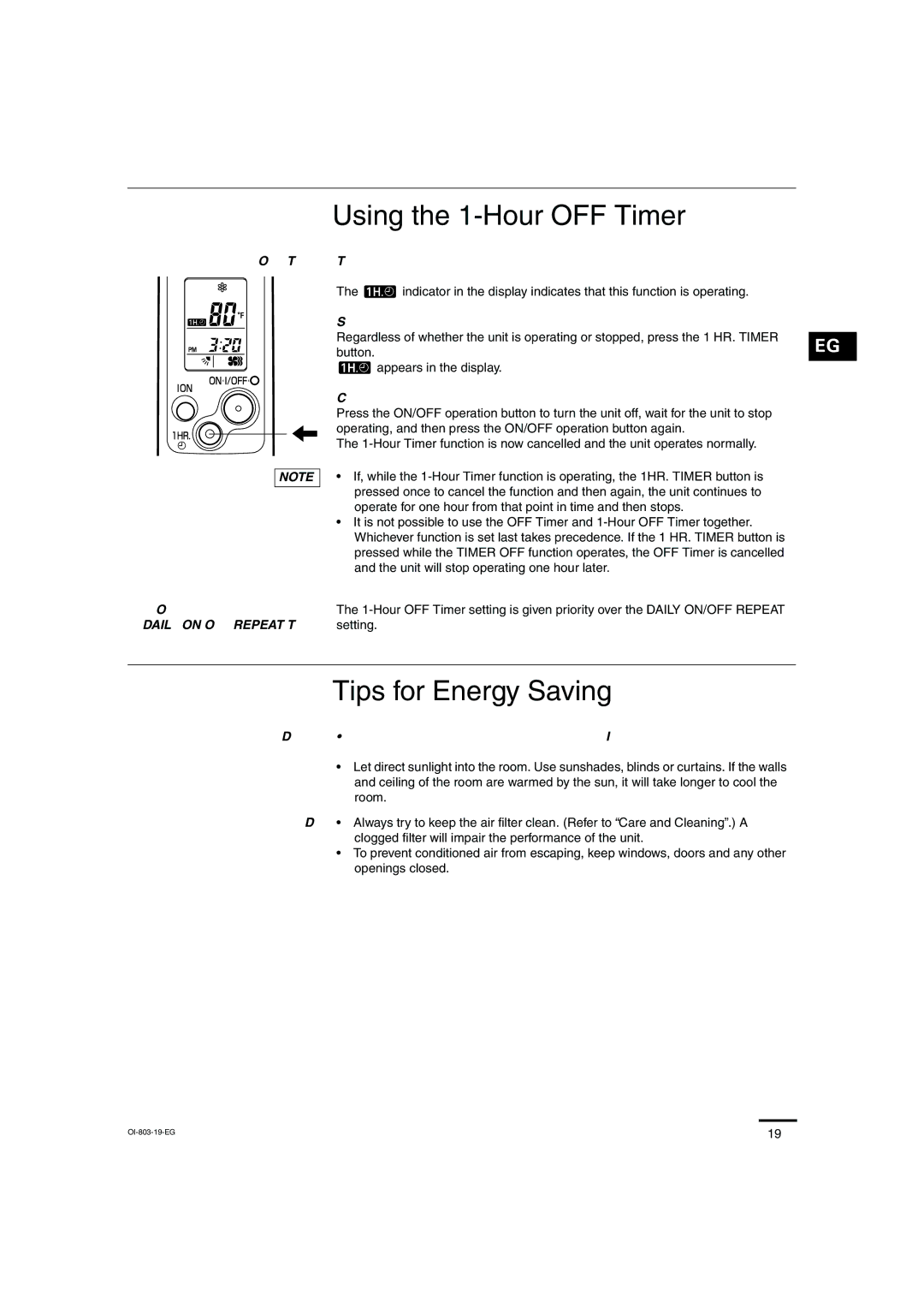 Sanyo KS1271 Using the 1-Hour OFF Timer, Tips for Energy Saving, Setting procedure, Cancellation procedure 