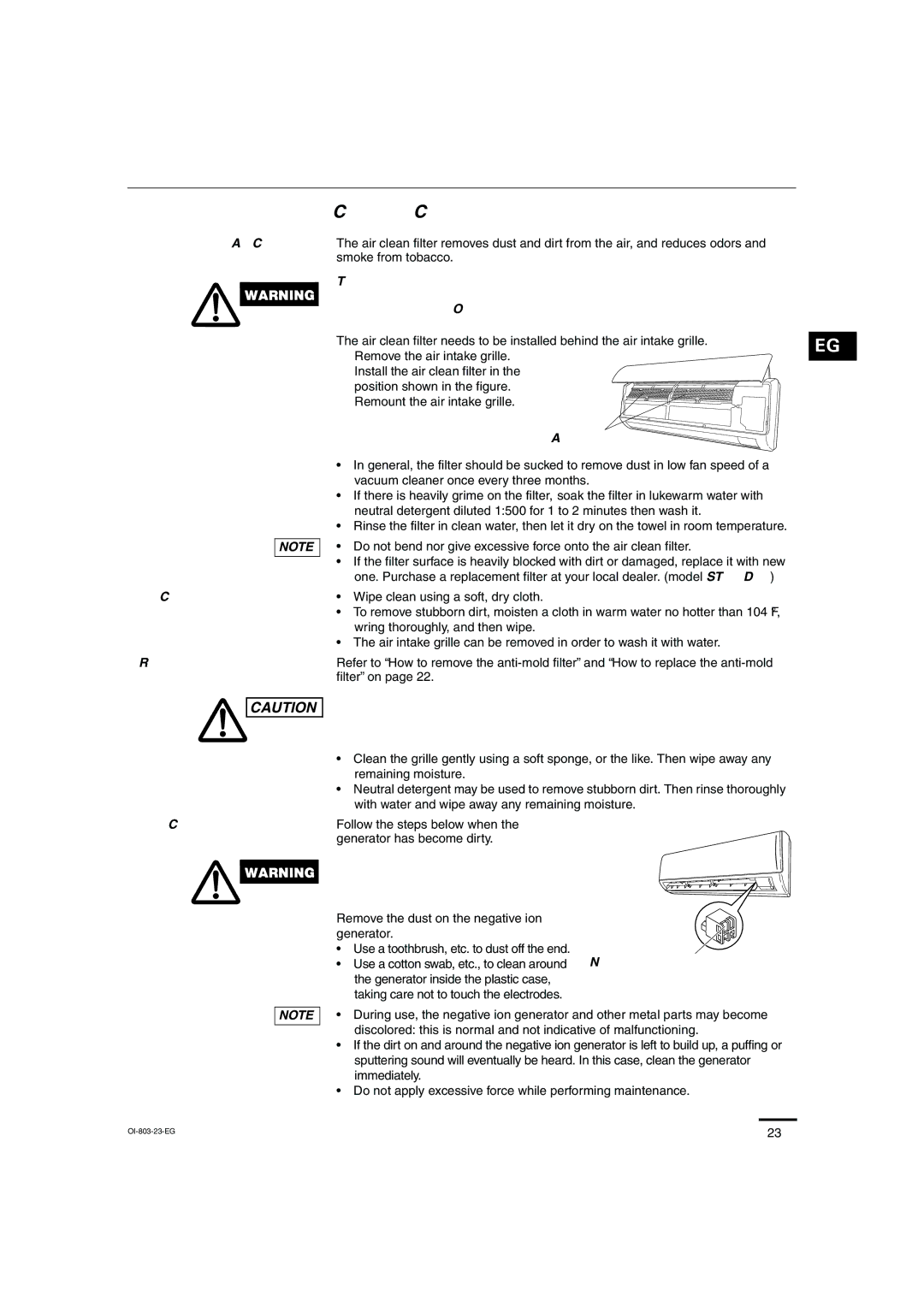 Sanyo KS1271 instruction manual Filter, How to clean the air clean filter, Washing the grille with water Air clean filter 