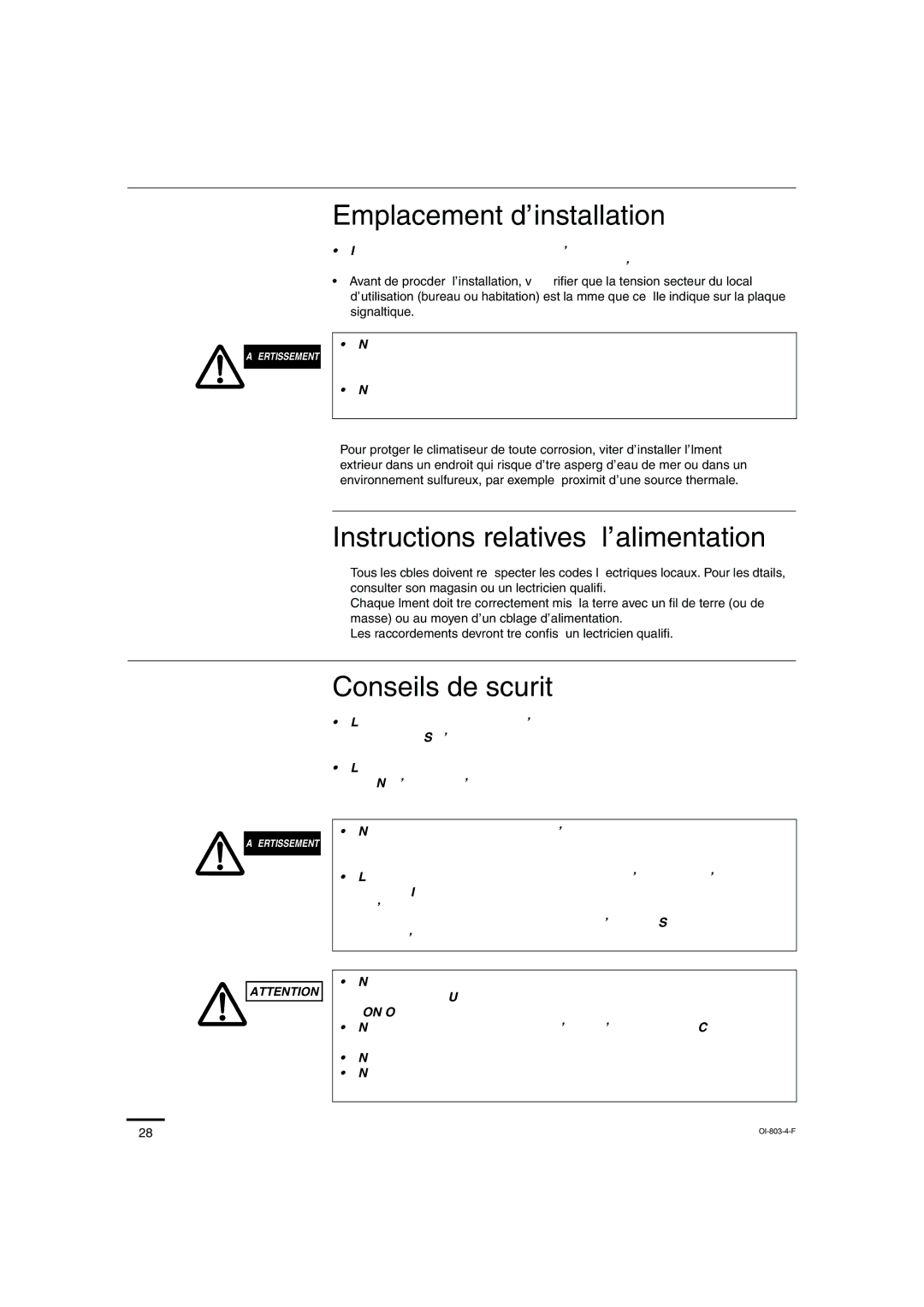 Sanyo KS1271 instruction manual Emplacement d’installation, Instructions relatives à l’alimentation, Conseils de sécurité 