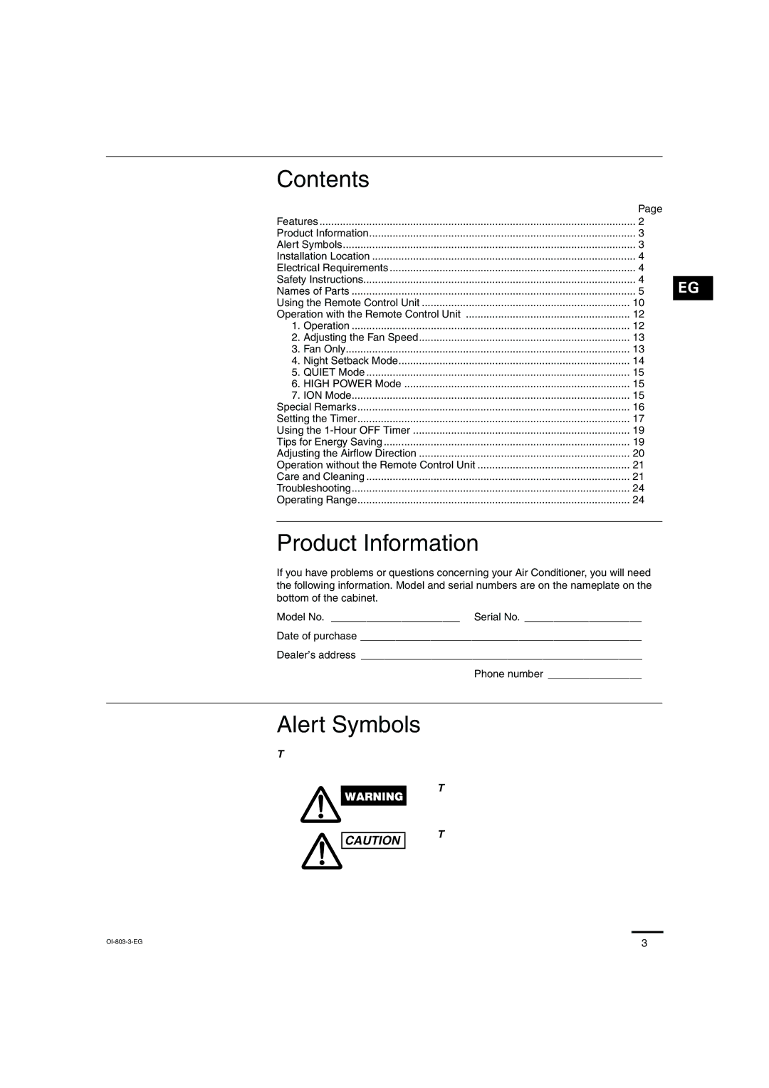Sanyo KS1271 instruction manual Contents, Product Information, Alert Symbols 