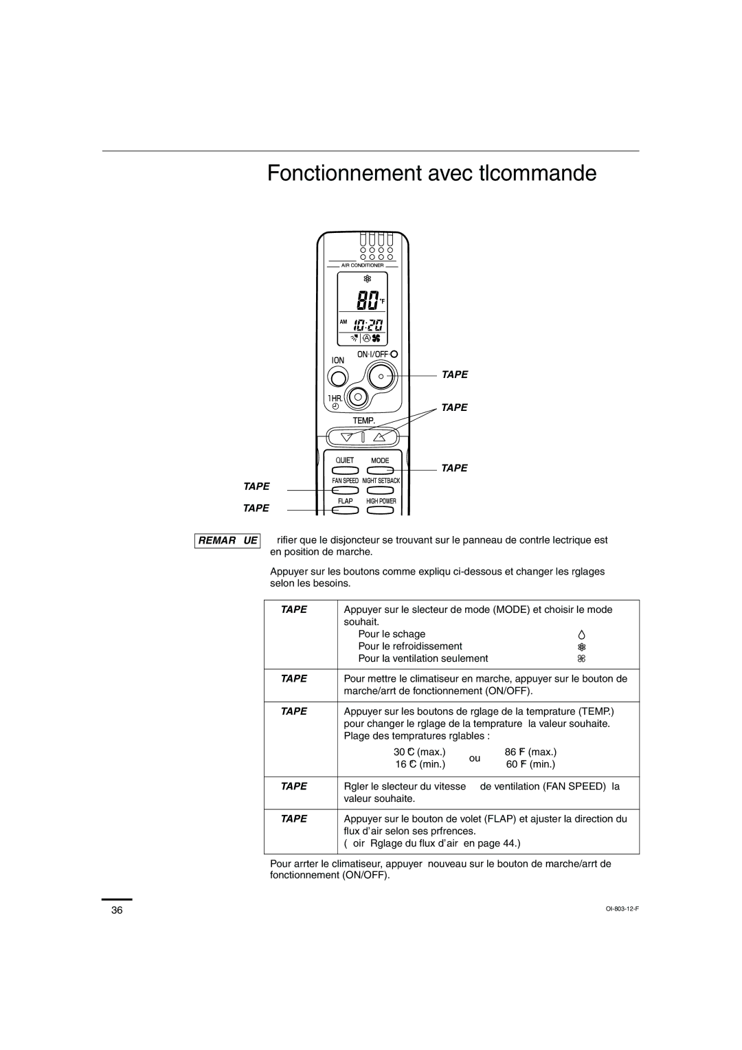 Sanyo KS1271 instruction manual Fonctionnement avec télécommande, Étape Remarque 