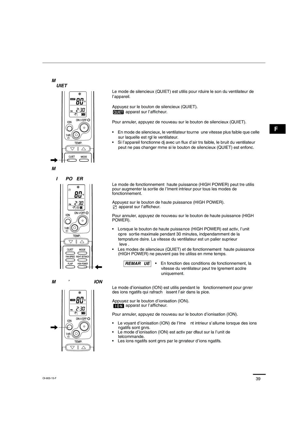 Sanyo KS1271 instruction manual Mode de silencieux Quiet, Mode de fonctionnement Haute puissance, Mode d’ionisation ION 