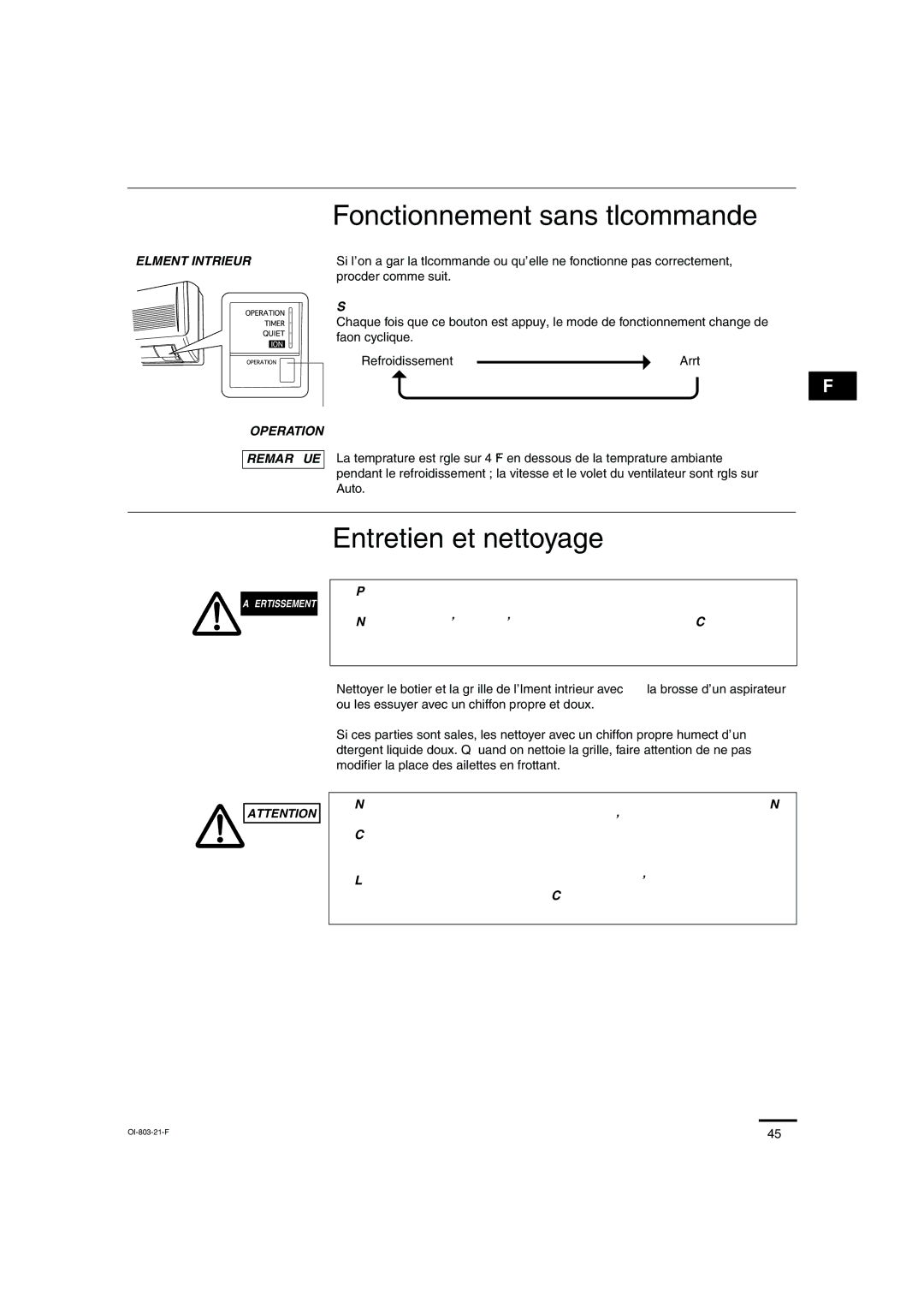 Sanyo KS1271 Fonctionnement sans télécommande, Entretien et nettoyage, Elément Intérieur, Operation Remarque 