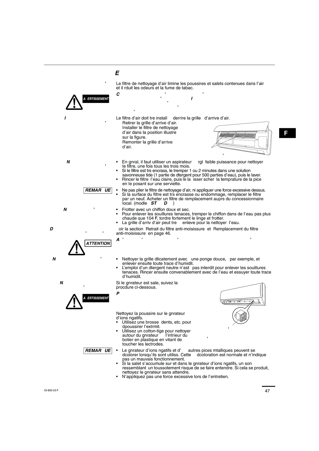 Sanyo KS1271 instruction manual Nettoyage de l’appareil principale et de la télécommande, Nettoyage de la grille à l’eau 