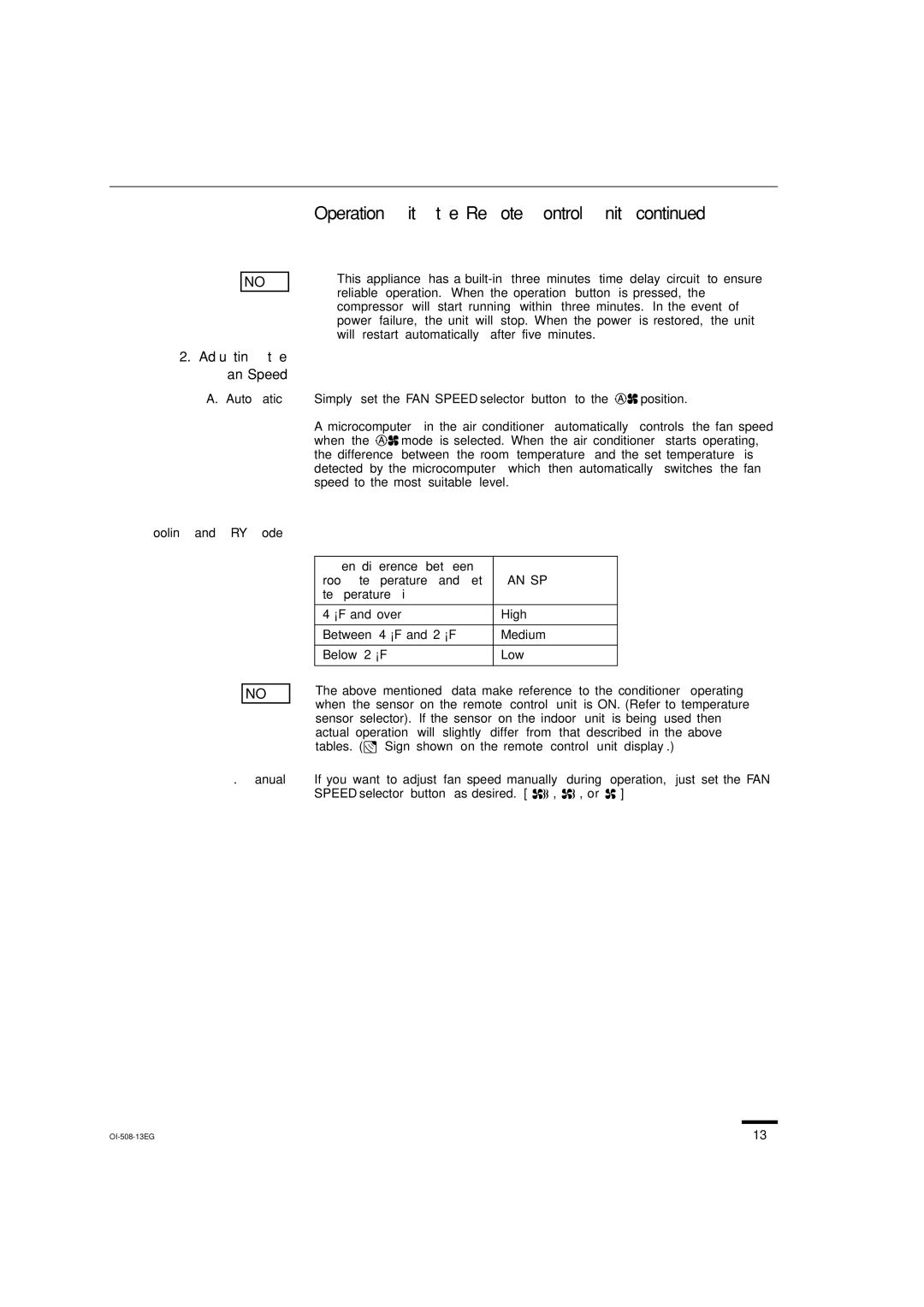 Sanyo KS2462R instruction manual Operation with the Remote Control Unit, Adjusting the Fan Speed, FAN Speed 